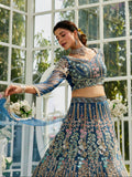 Navy Blue Net Bridal Lehenga with Sequins & Zarkan Embroidery