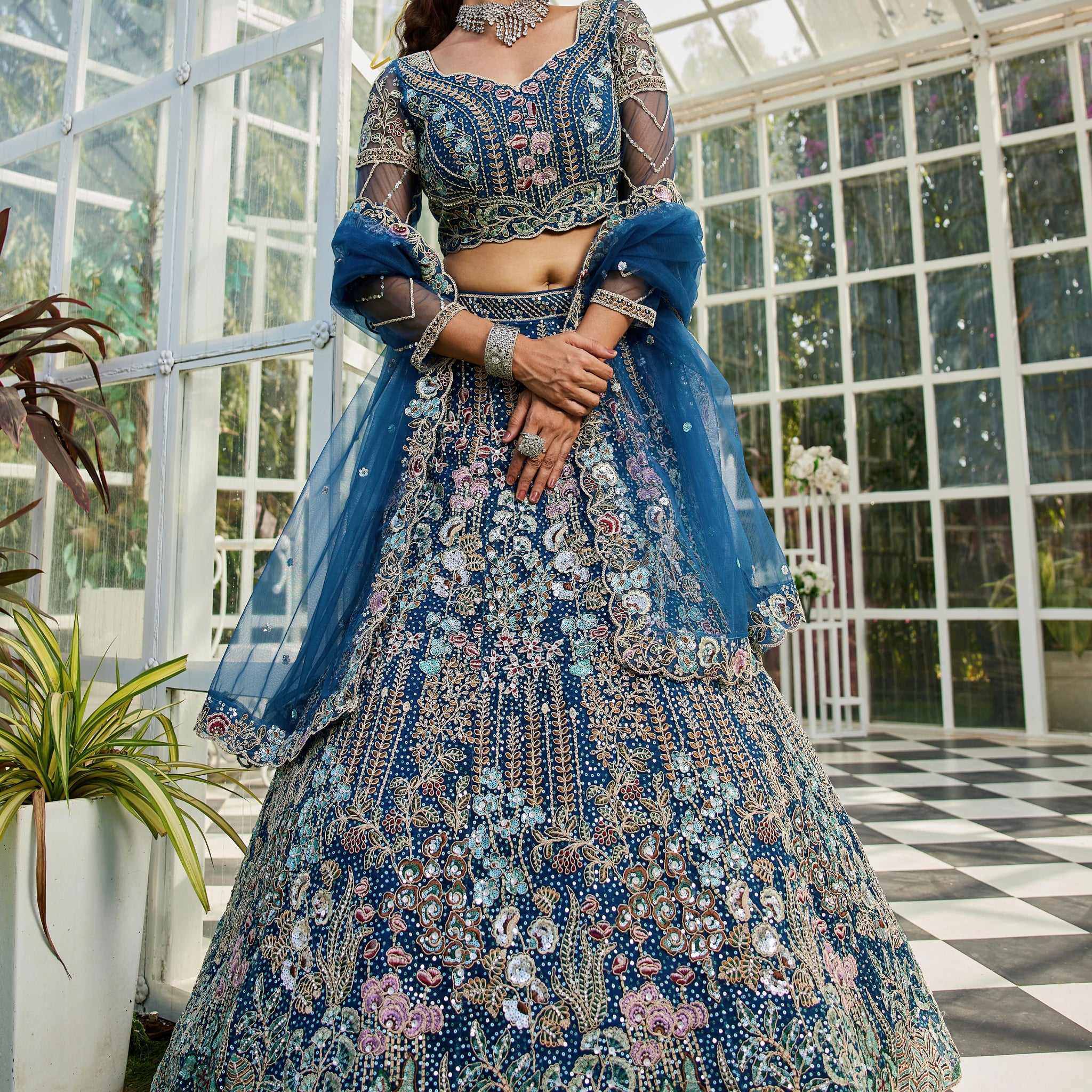 Navy Blue Net Bridal Lehenga with Sequins & Zarkan Embroidery