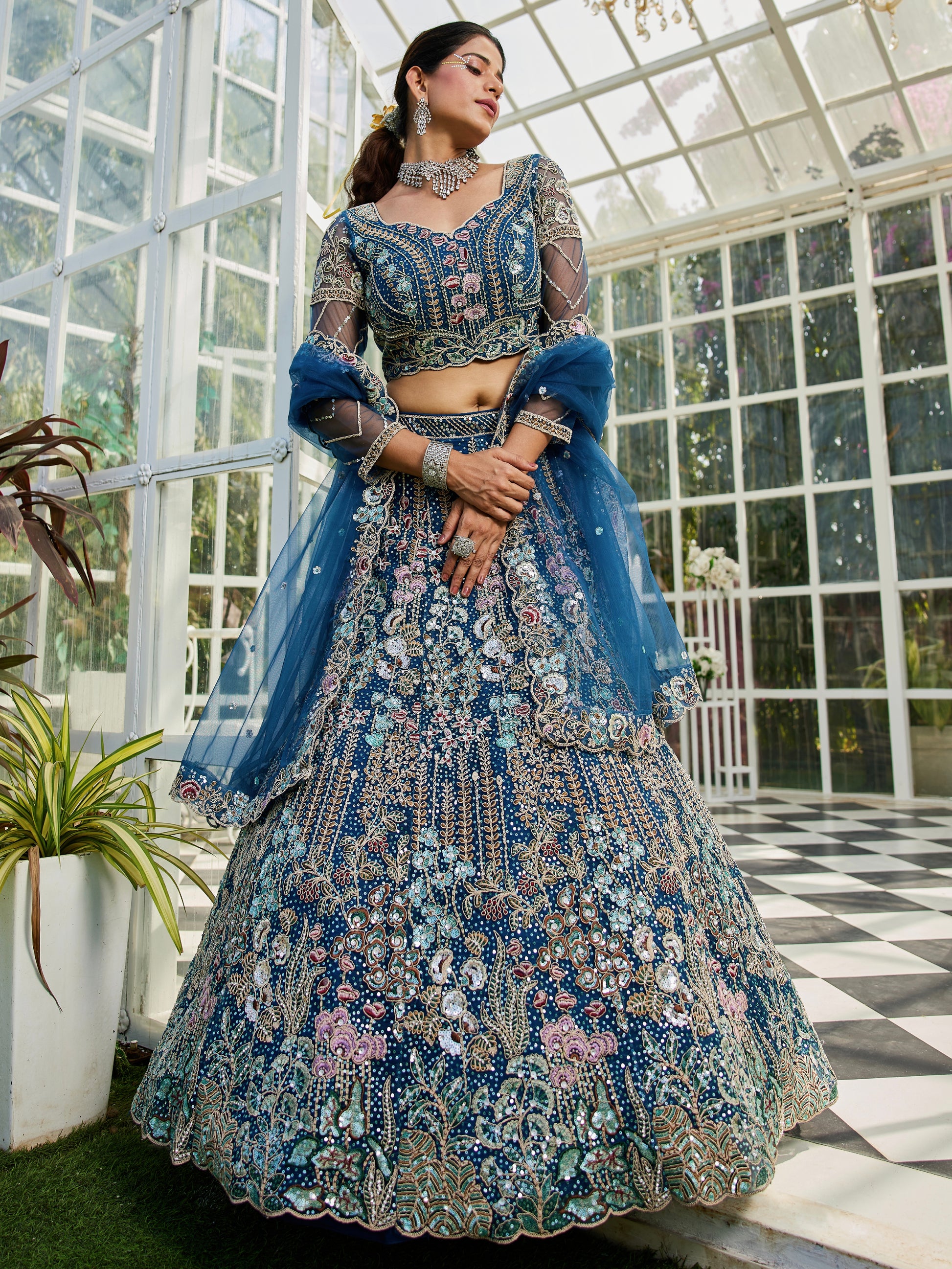 Navy Blue Net Bridal Lehenga with Sequins & Zarkan Embroidery