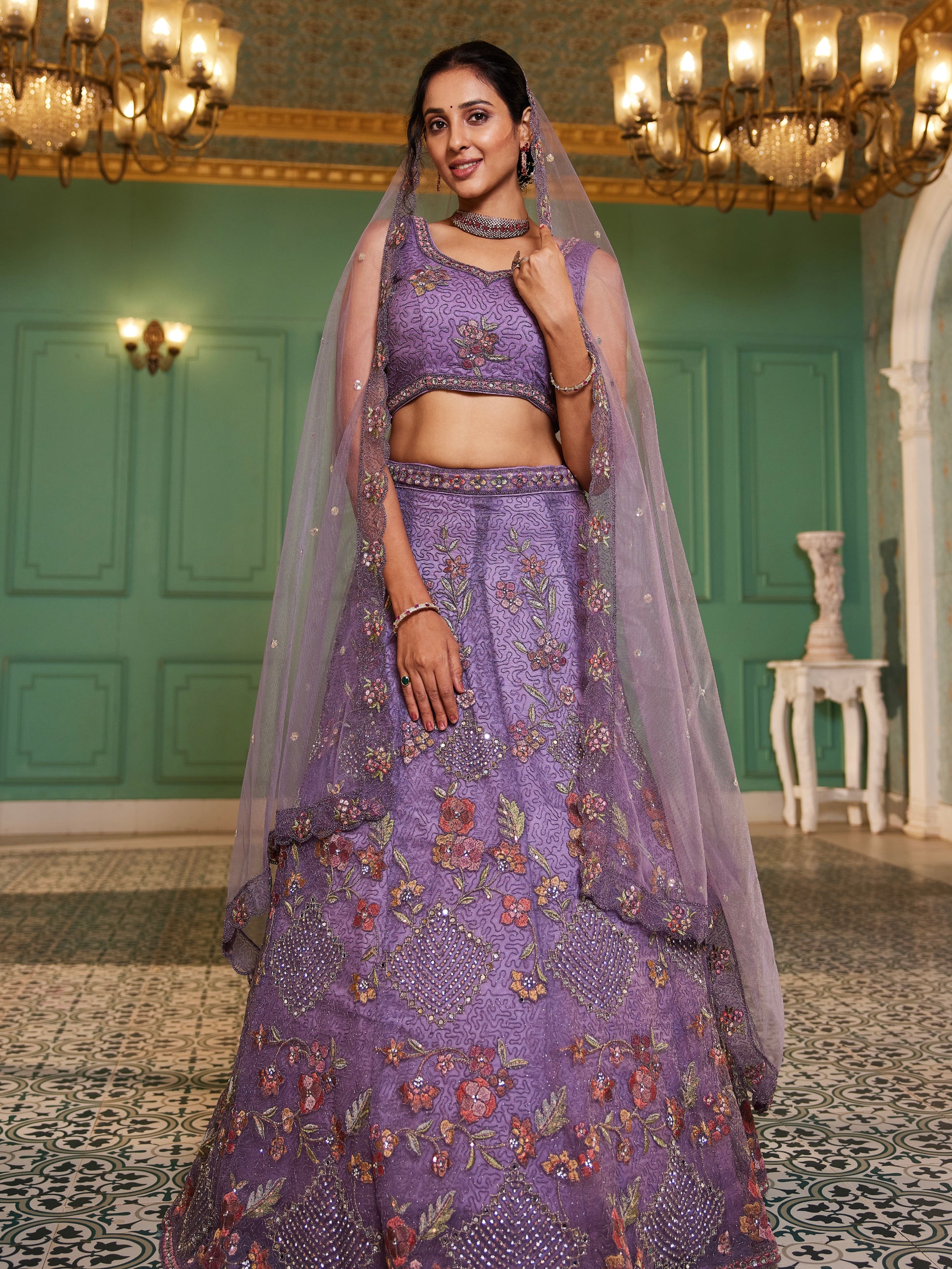 Lavender Sequins & Zarkan Embroidered Net Lehenga