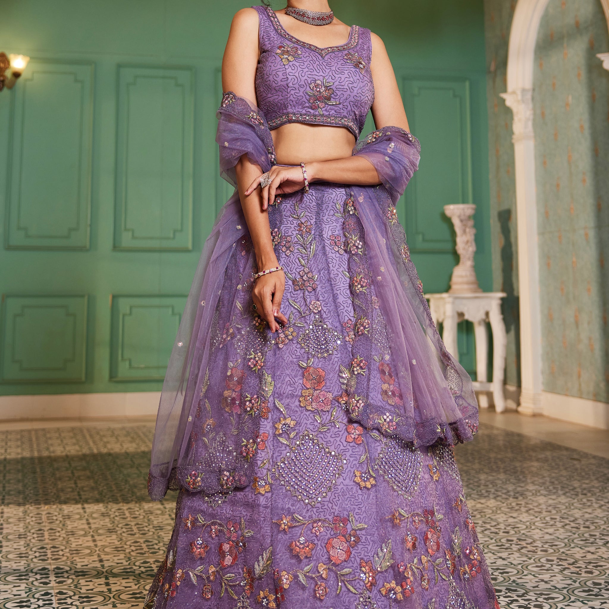 Lavender Sequins & Zarkan Embroidered Net Lehenga