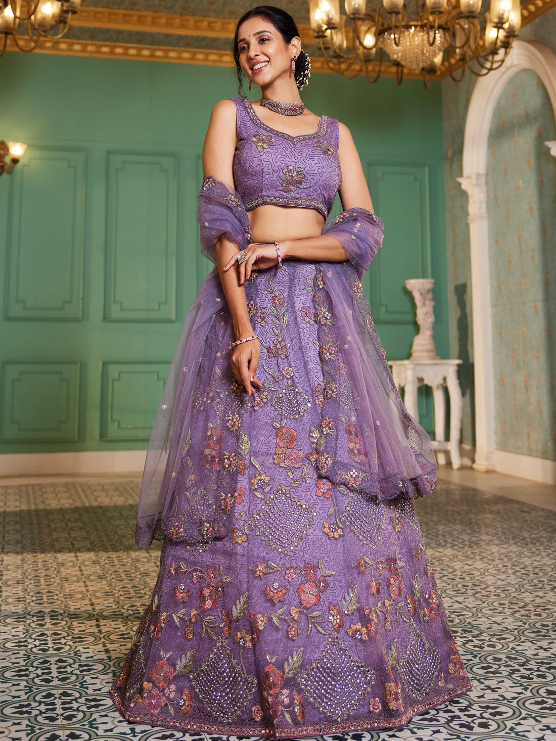 Lavender Sequins & Zarkan Embroidered Net Lehenga