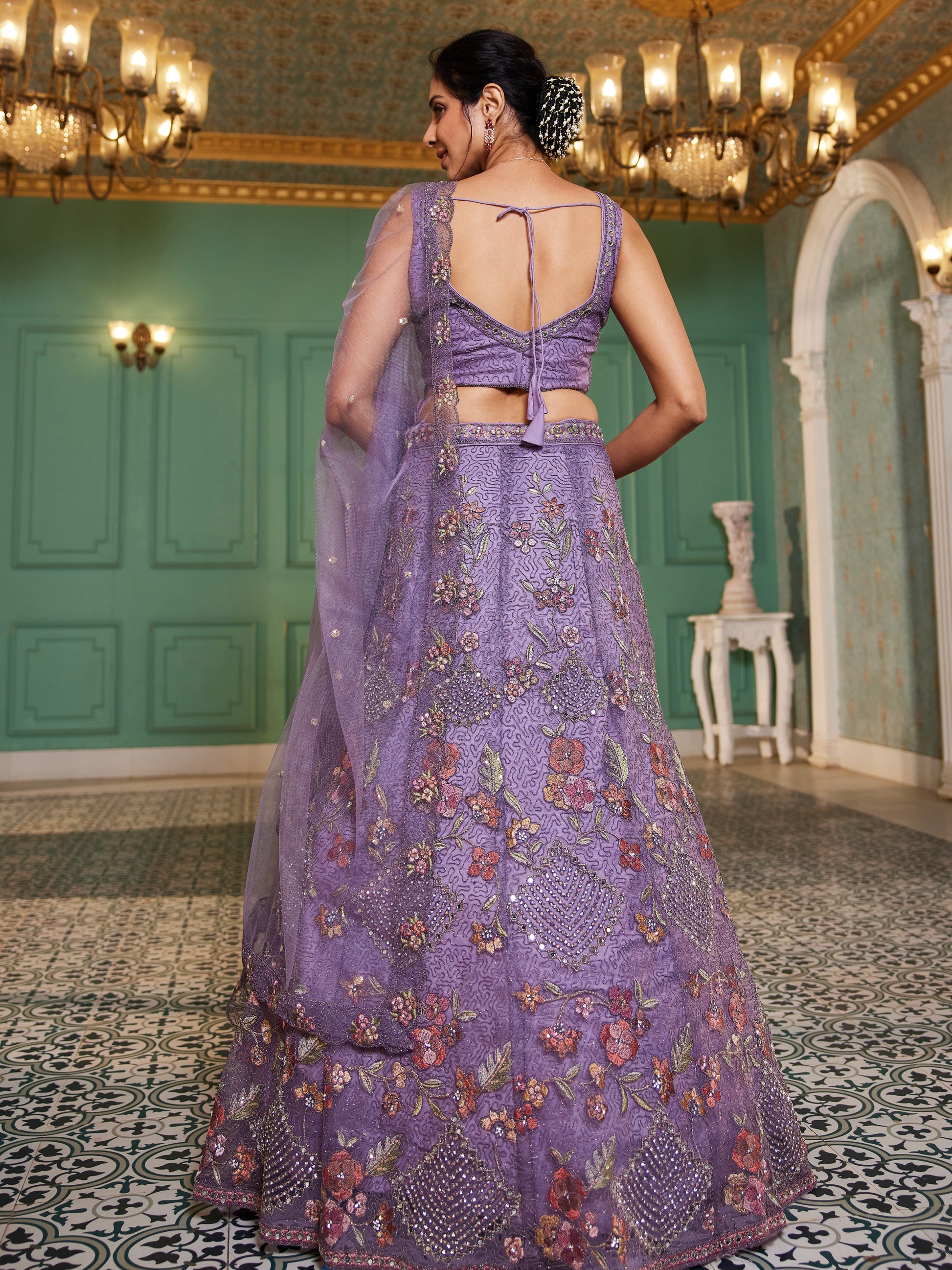 Lavender Sequins & Zarkan Embroidered Net Lehenga