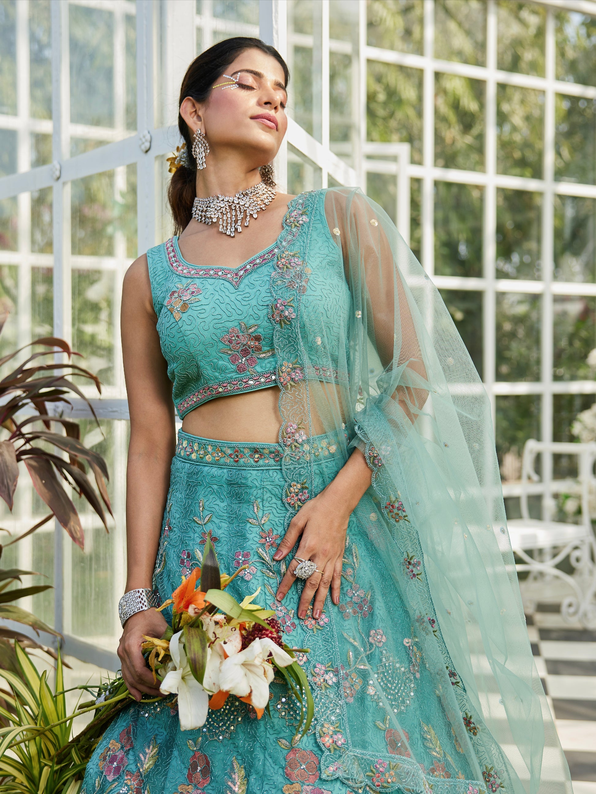 Lime Green Net Lehenga with Sequins & Zarkan Work