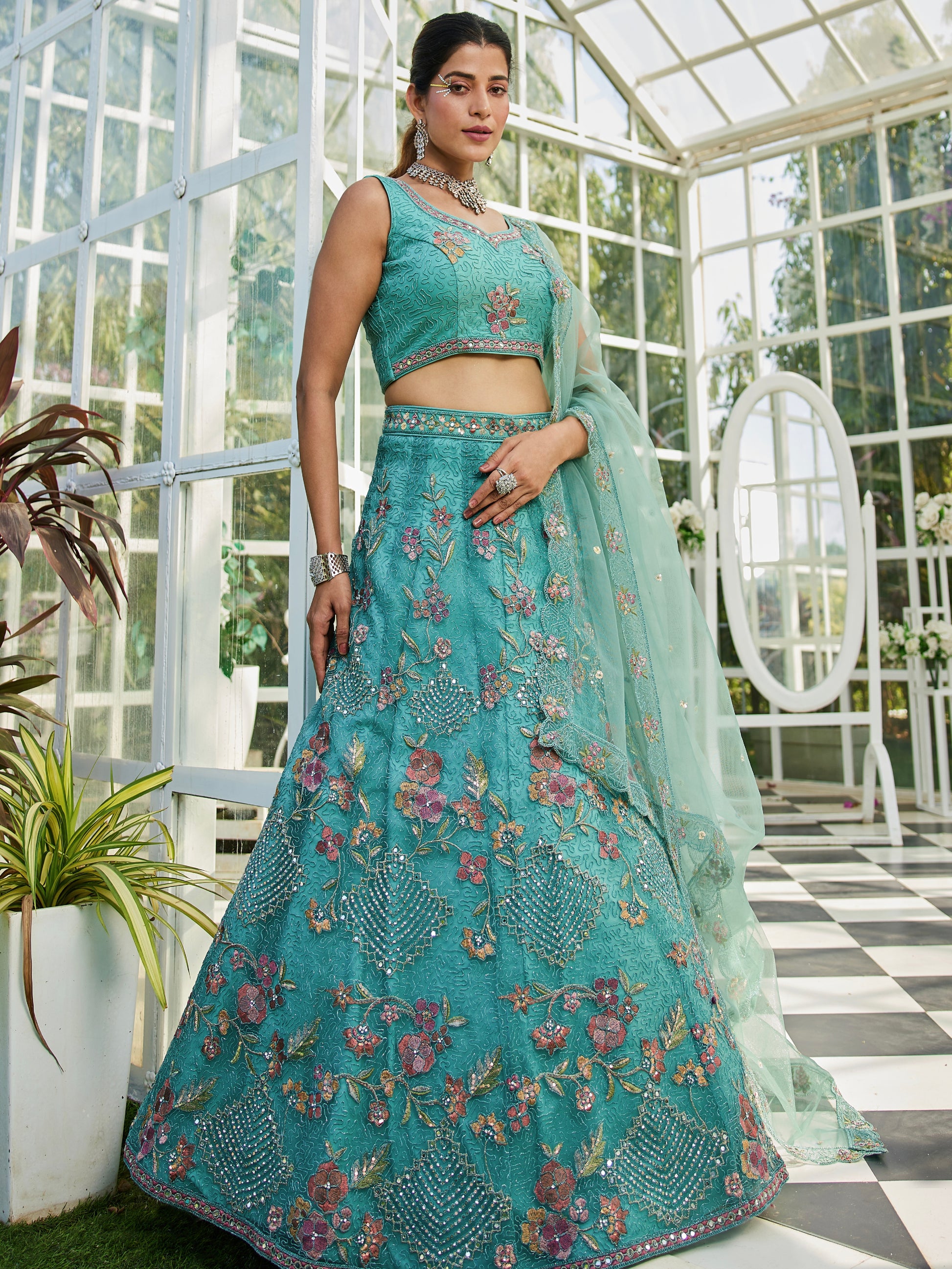 Lime Green Net Lehenga with Sequins & Zarkan Work