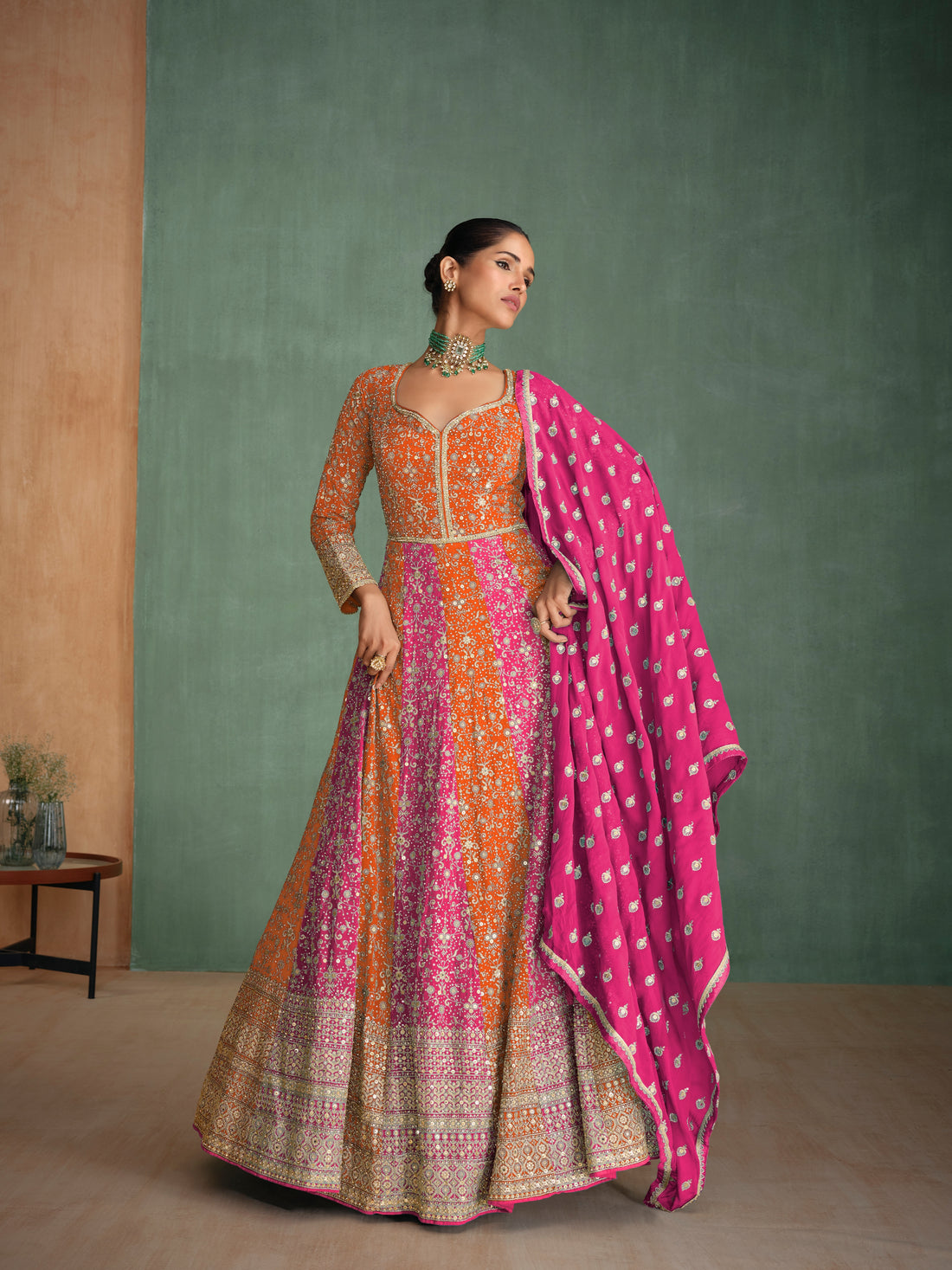 Orange Anarkali Dress with Heavy Diamond Embroidery