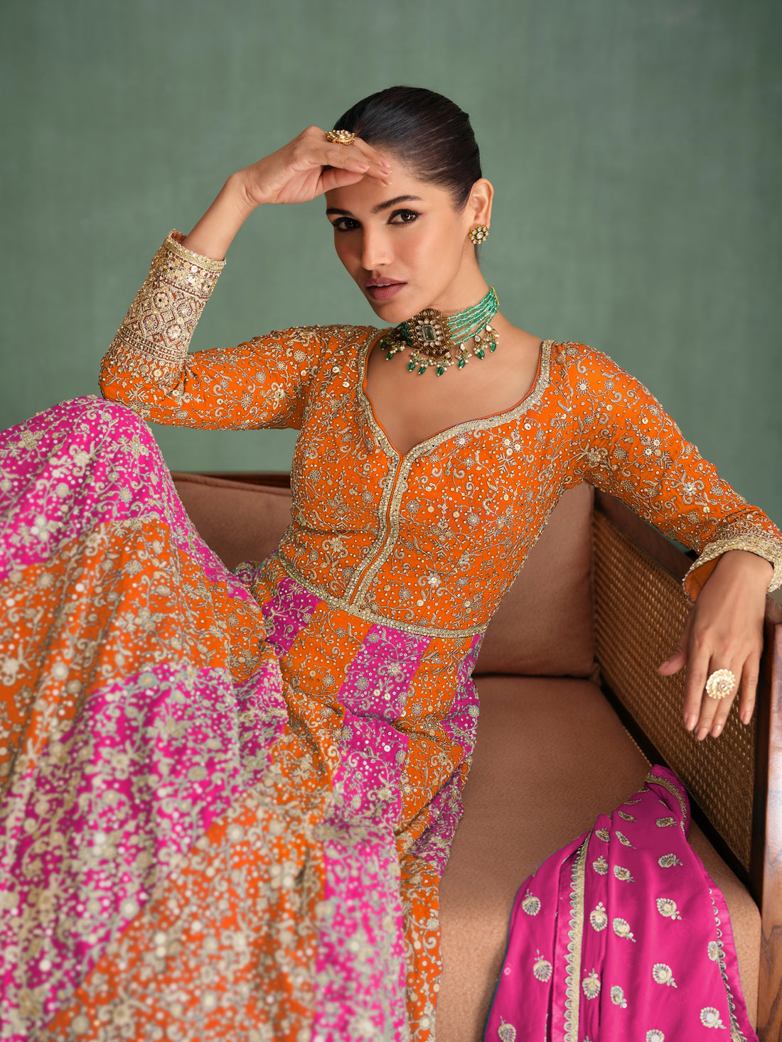 Orange Anarkali Dress with Heavy Diamond Embroidery