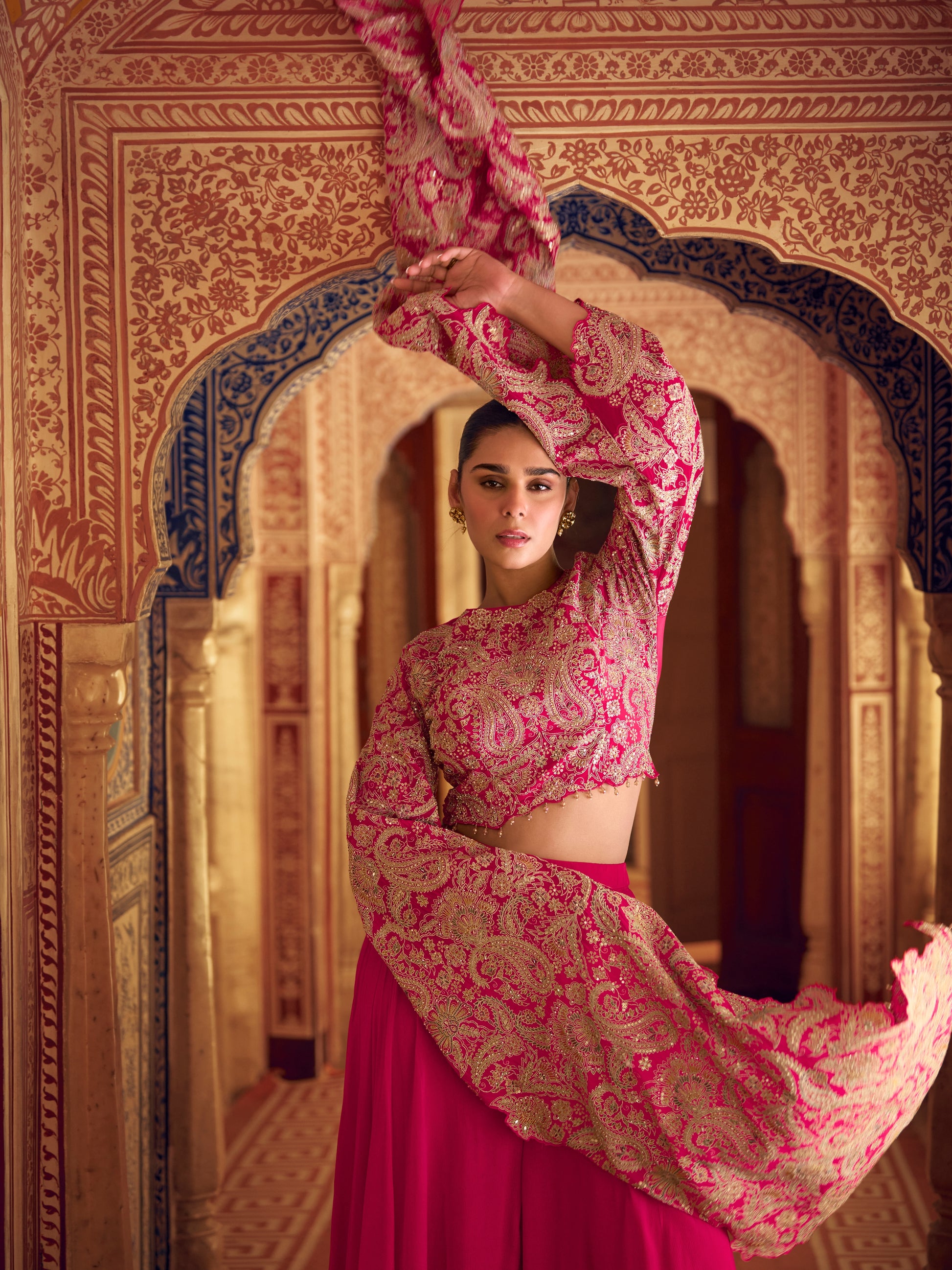 Pink Embroidered Chinon Palazzo Suit