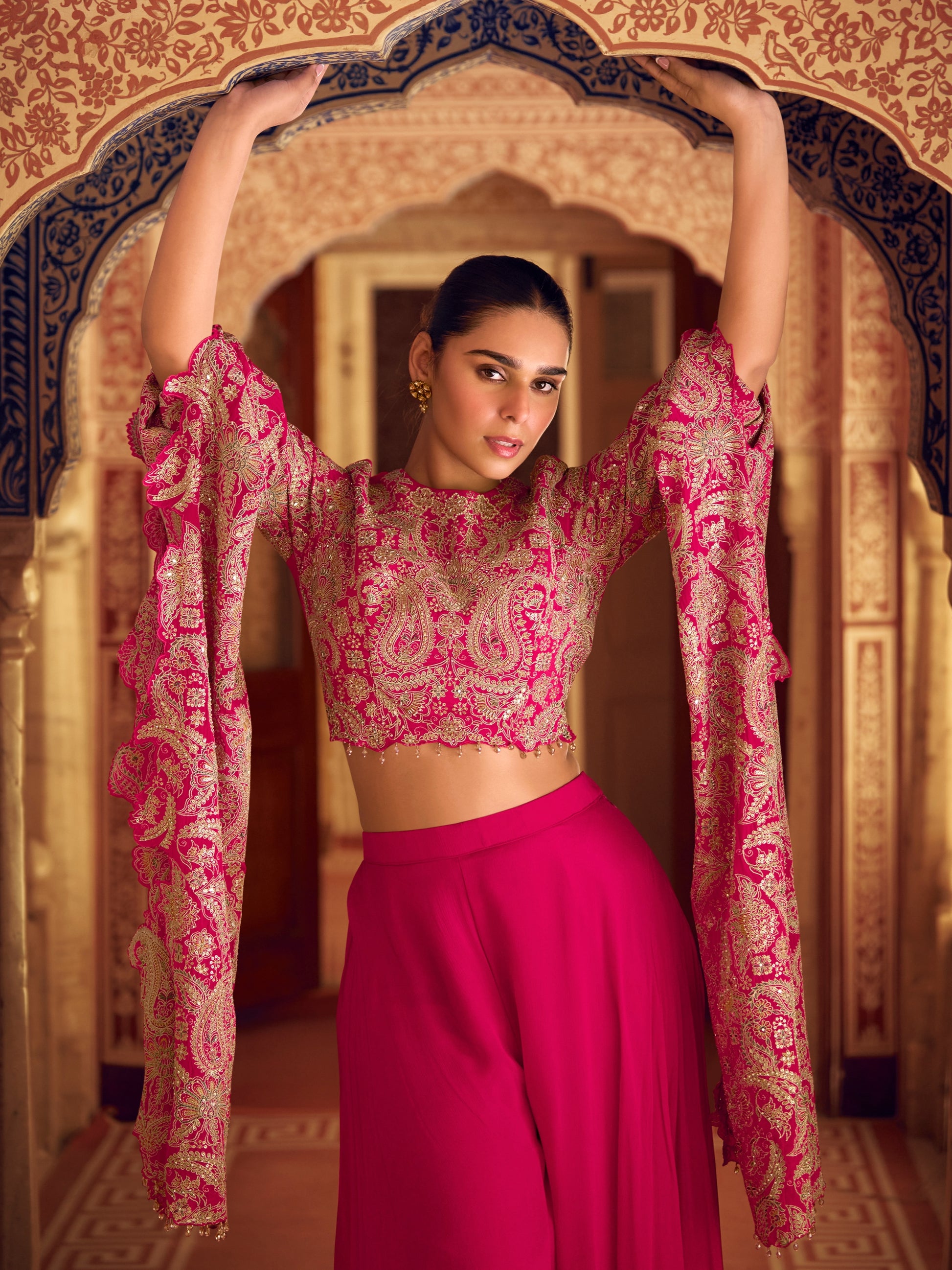 Pink Embroidered Chinon Palazzo Suit