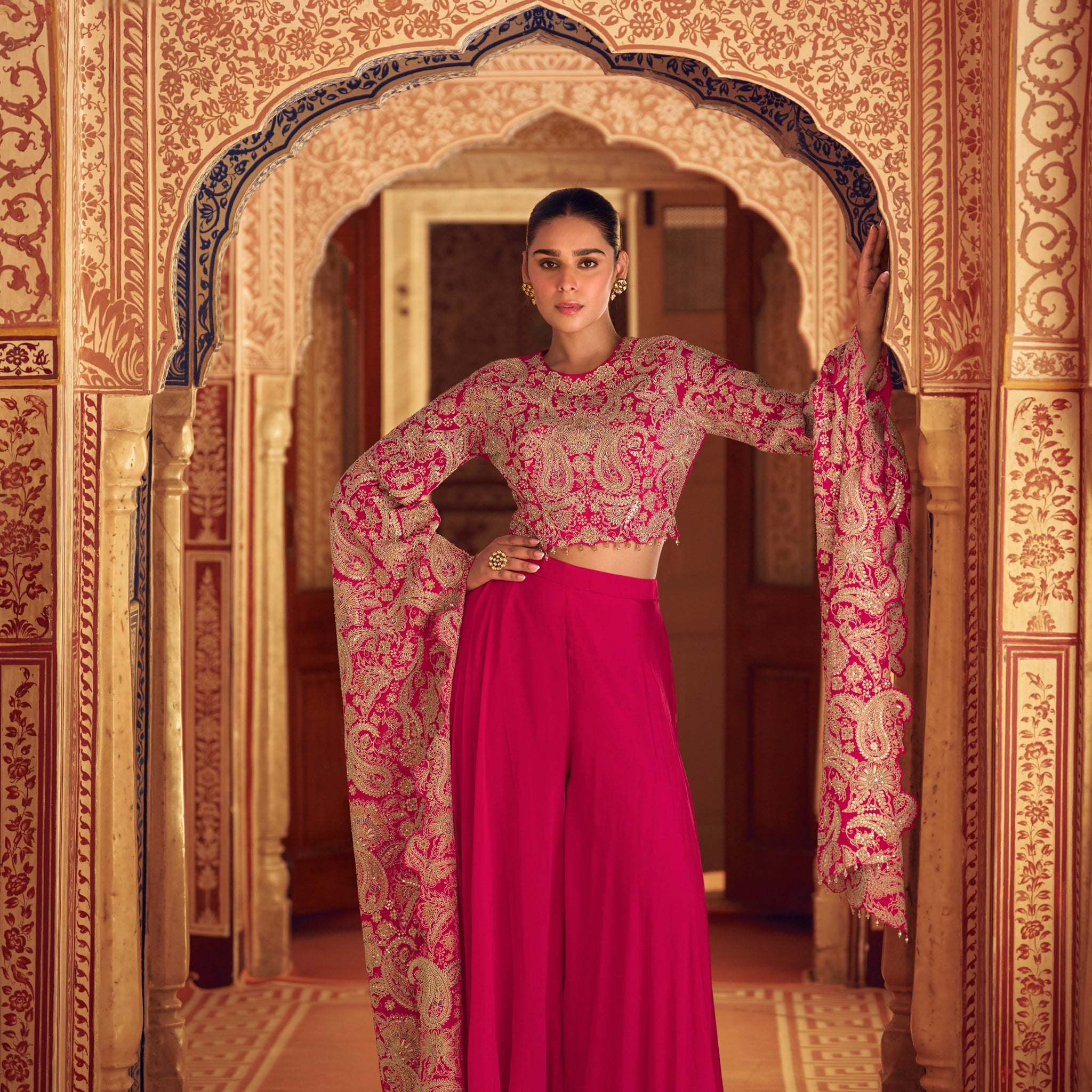 Pink Embroidered Chinon Palazzo Suit