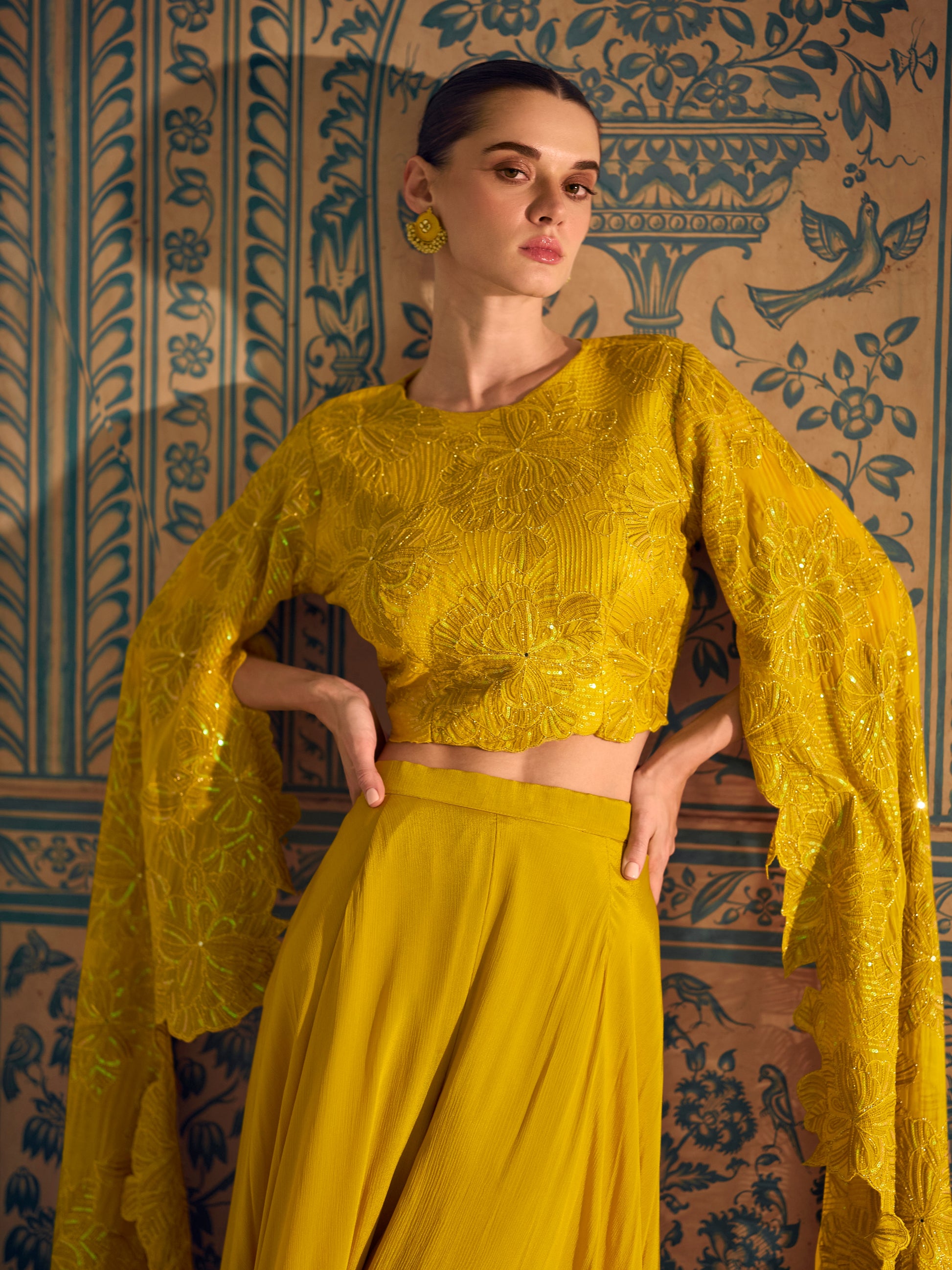 Mustard Yellow Chinon Palazzo Suit with Embroidery