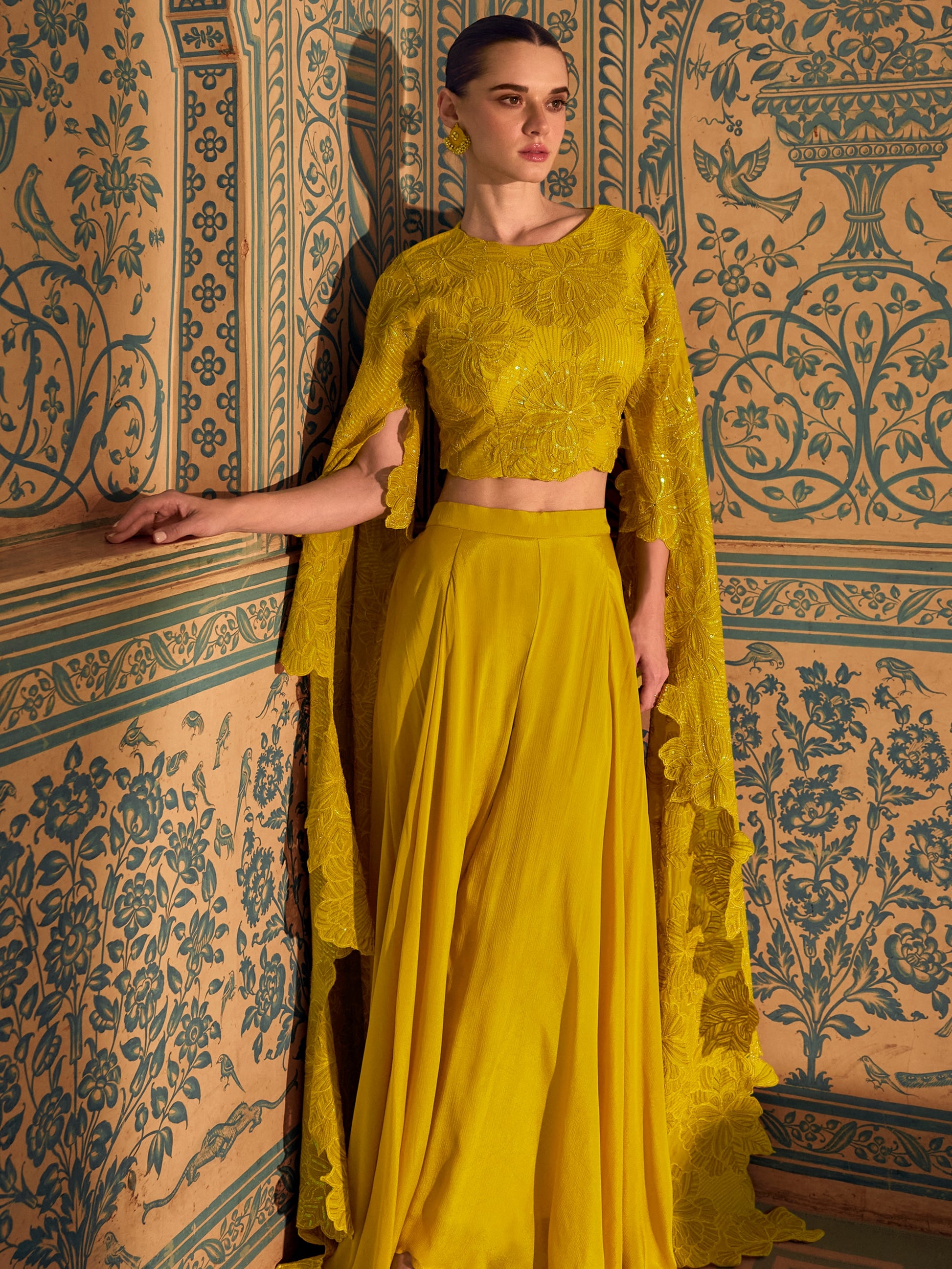 Mustard Yellow Chinon Palazzo Suit with Embroidery