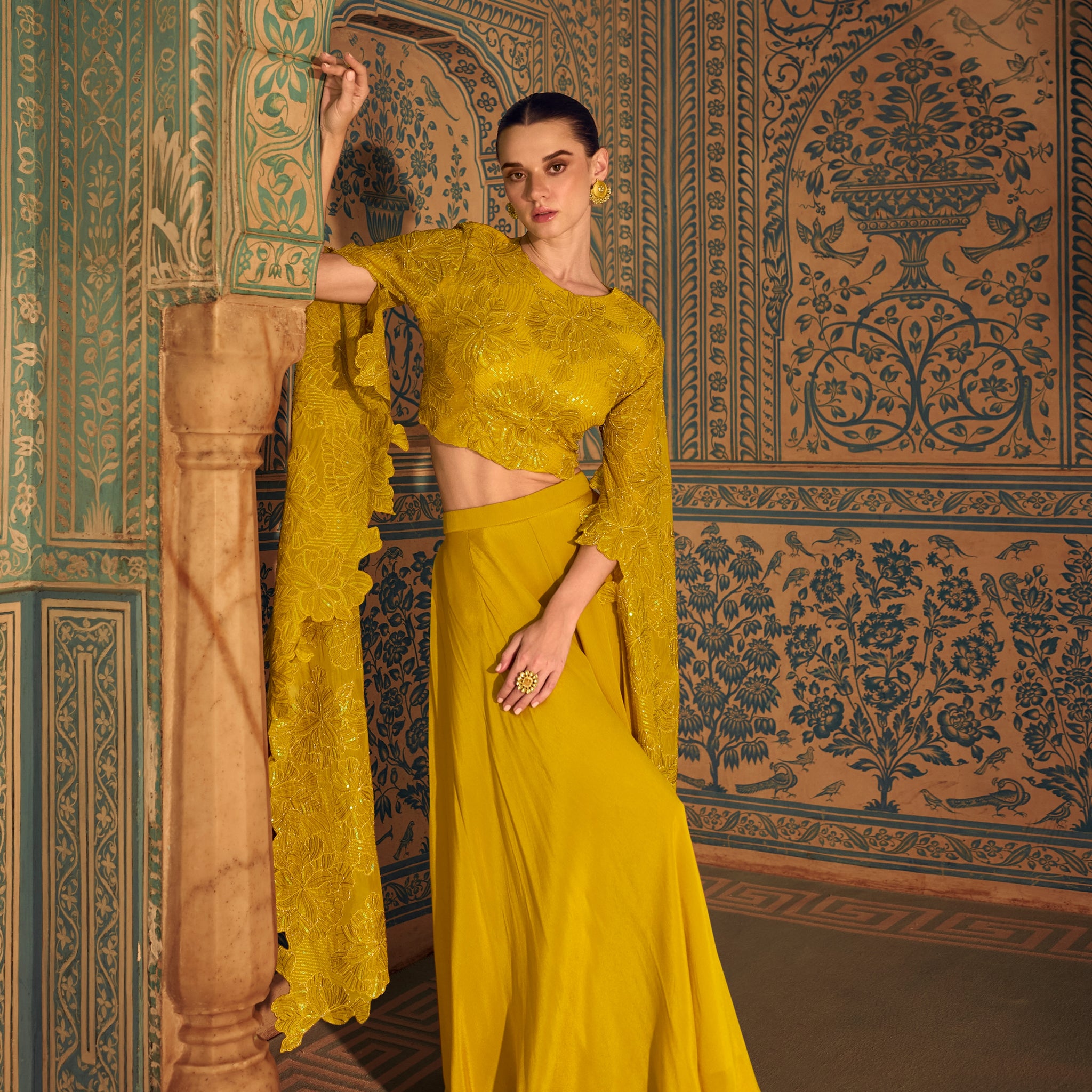 Mustard Yellow Chinon Palazzo Suit with Embroidery