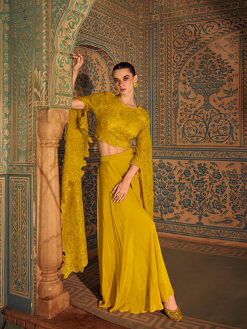 Mustard Yellow Chinon Palazzo Suit with Embroidery