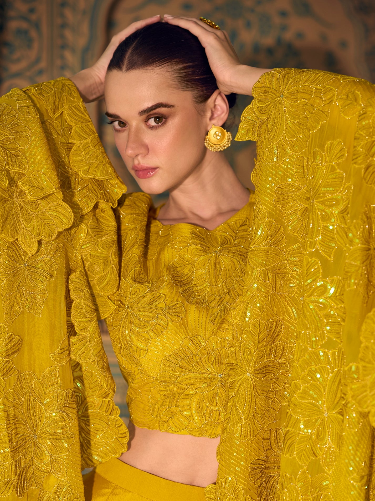 Mustard Yellow Chinon Palazzo Suit with Embroidery