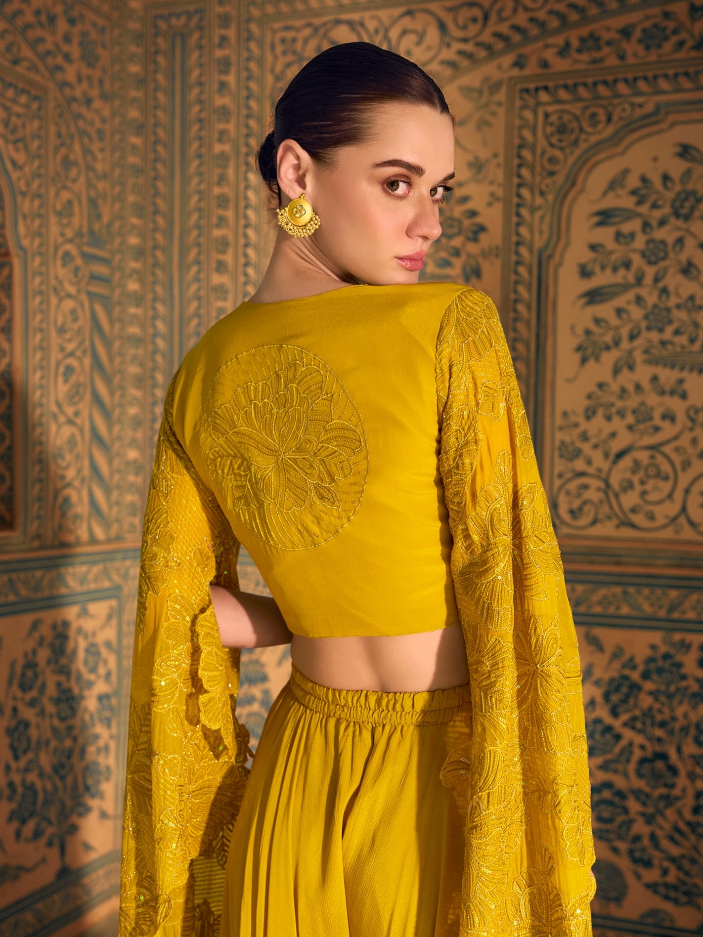 Mustard Yellow Chinon Palazzo Suit with Embroidery