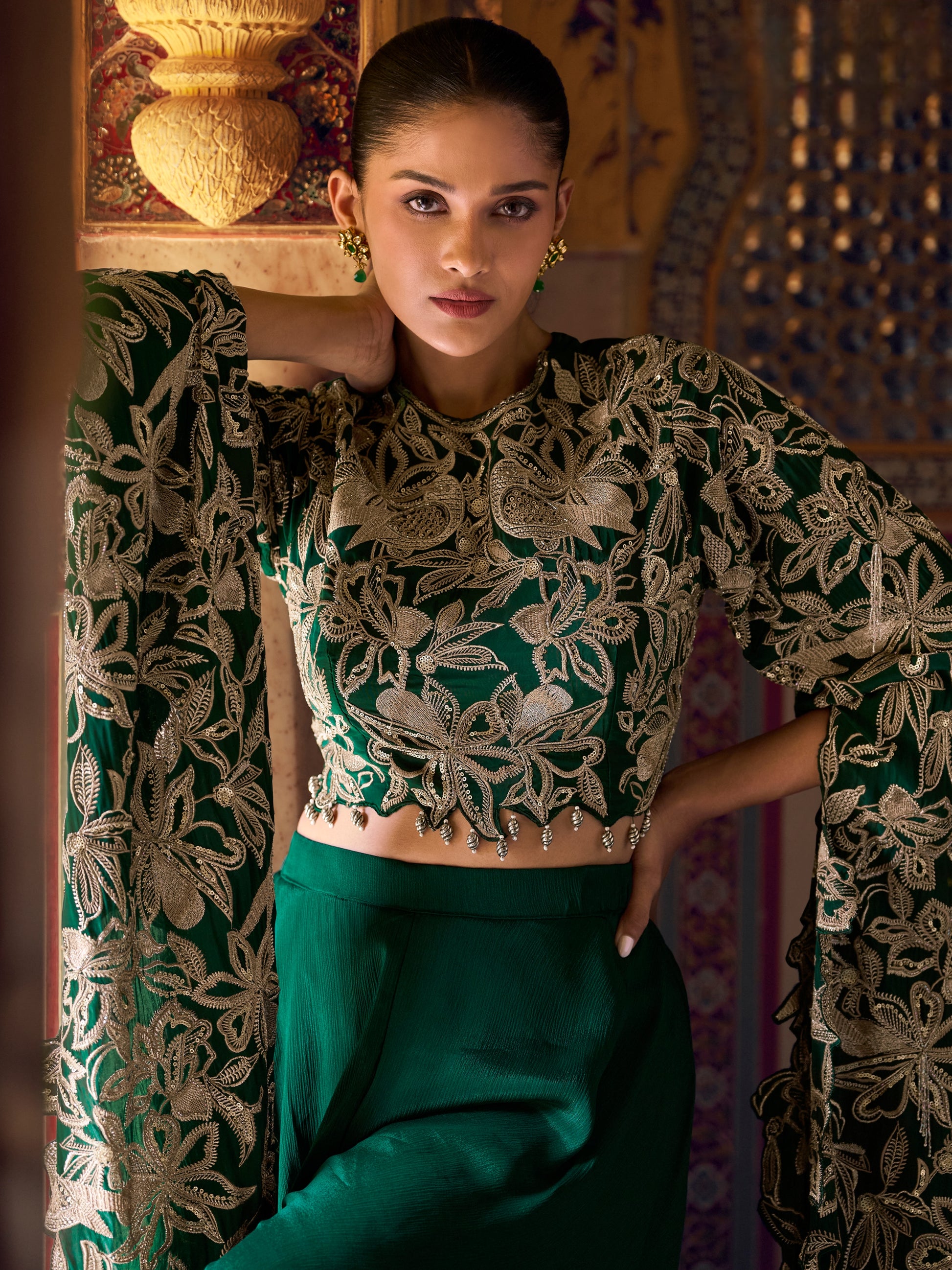 Green Embroidered Chinon Palazzo Suit