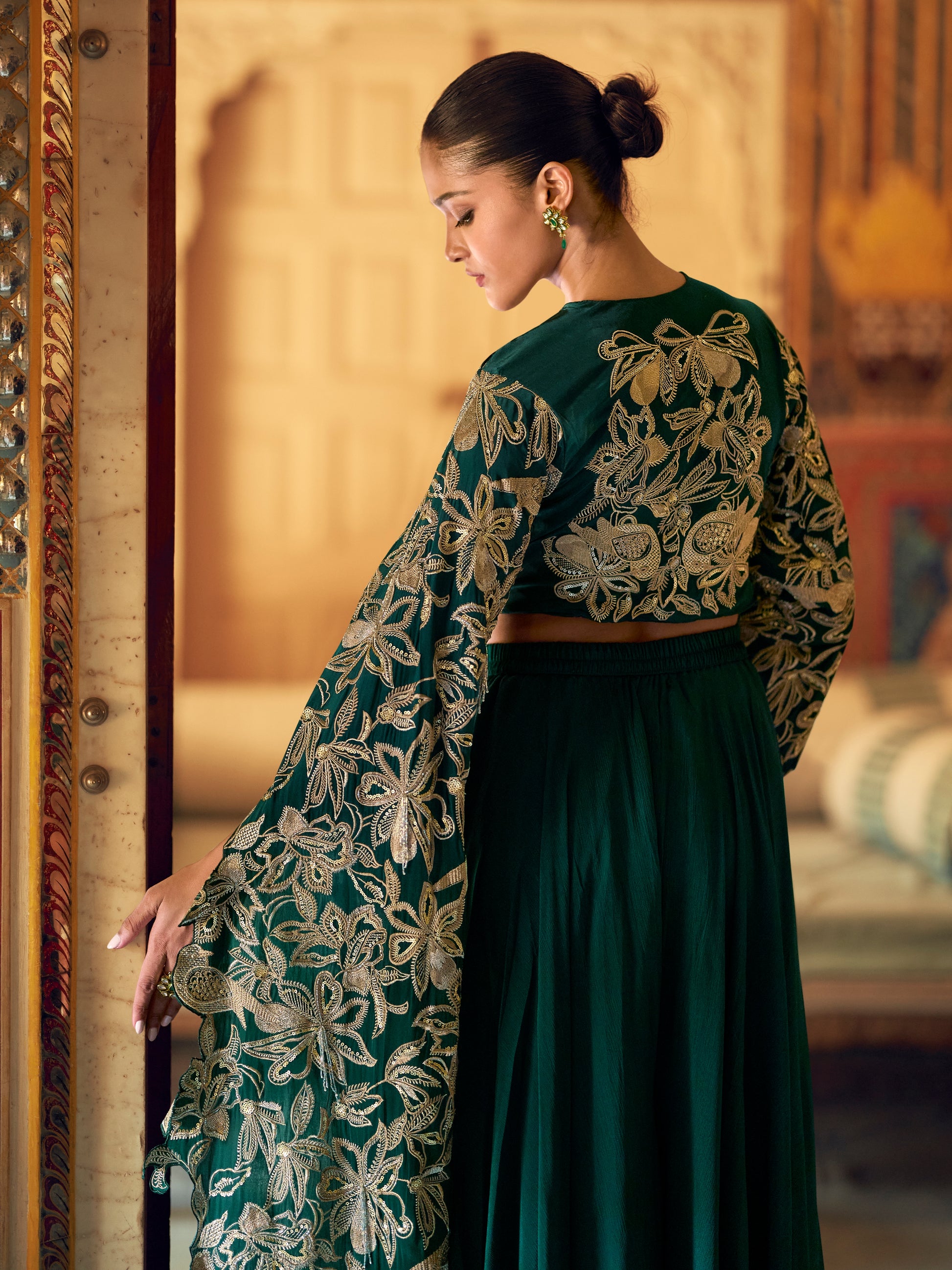 Green Embroidered Chinon Palazzo Suit