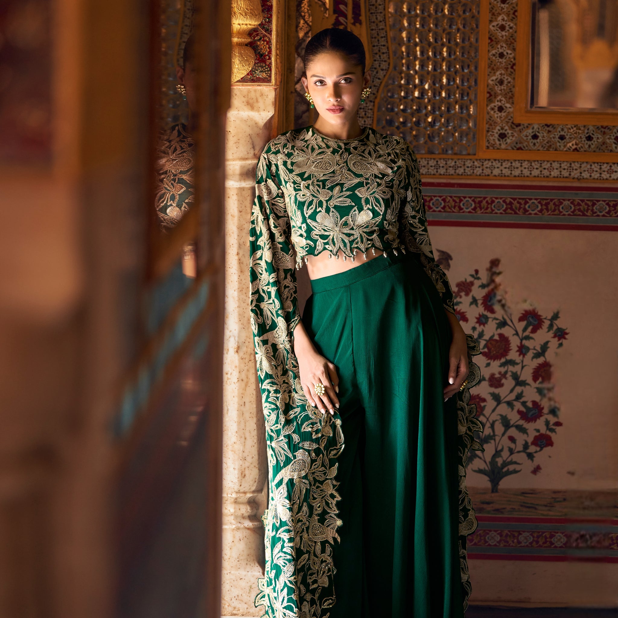 Green Embroidered Chinon Palazzo Suit