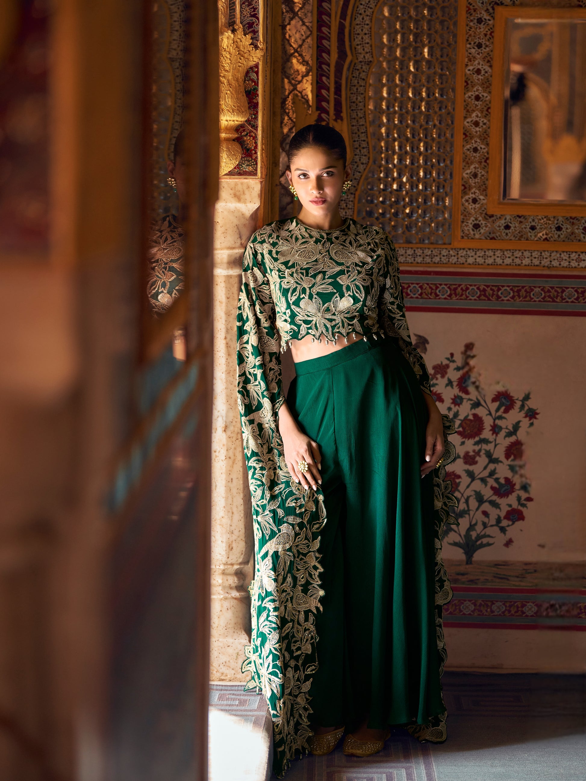 Green Embroidered Chinon Palazzo Suit