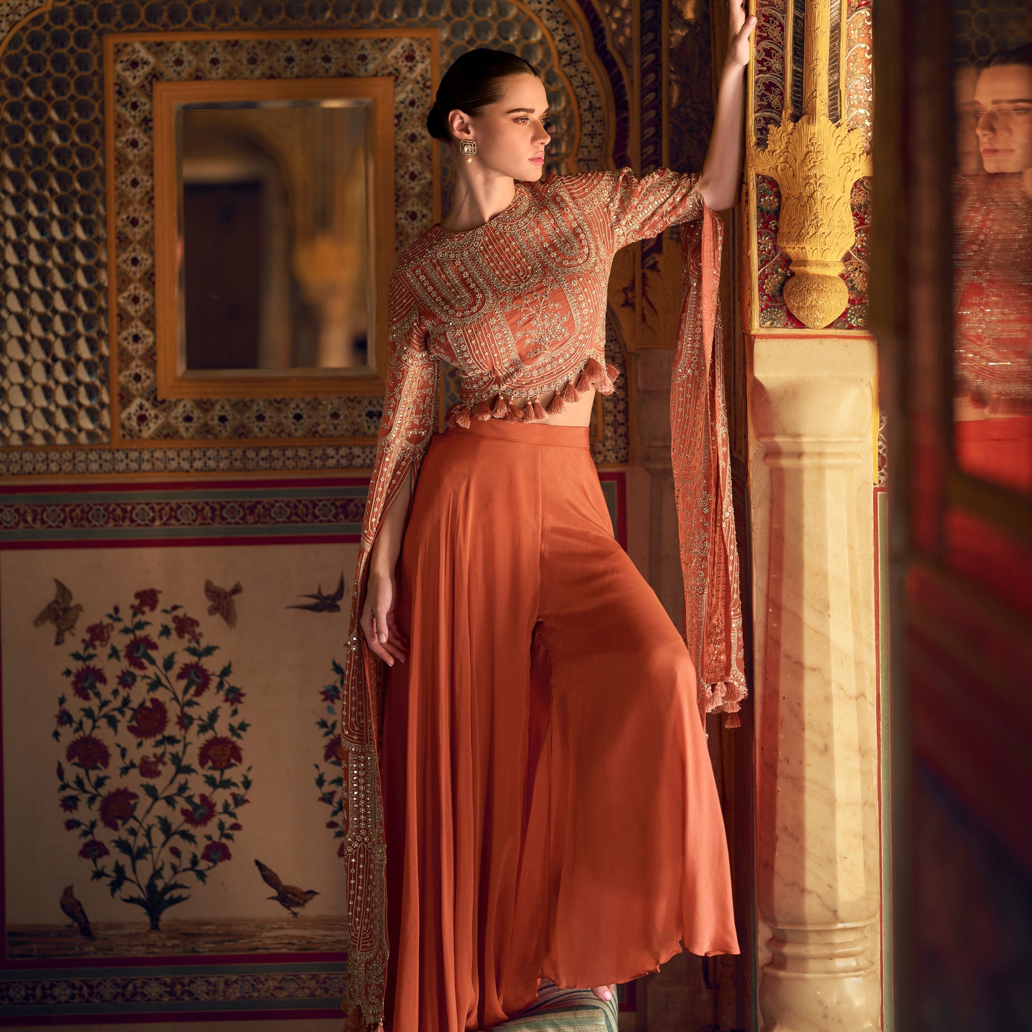 Rust Orange Chinon Palazzo Suit with Heavy Embroidery