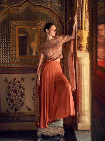 Rust Orange Chinon Palazzo Suit with Heavy Embroidery