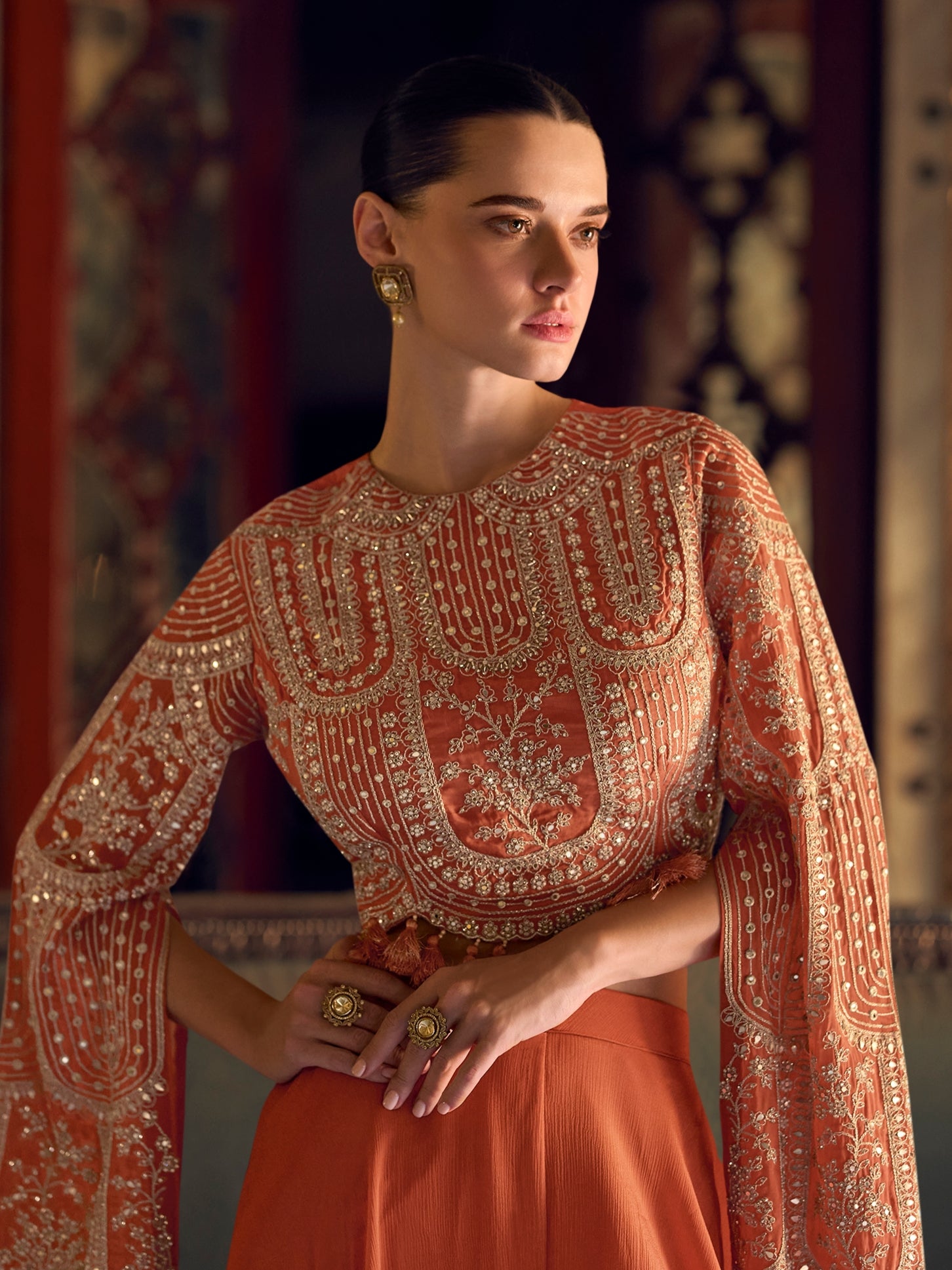 Rust Orange Chinon Palazzo Suit with Heavy Embroidery