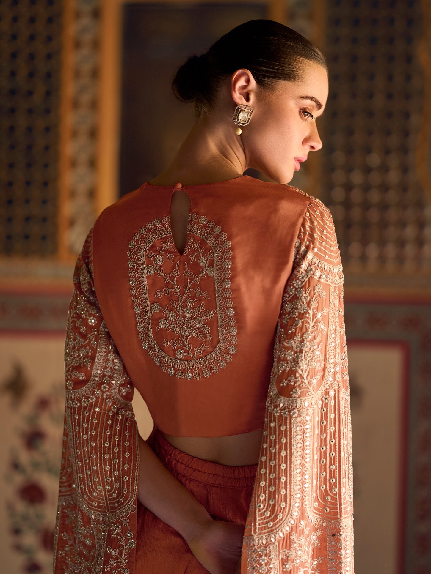 Rust Orange Chinon Palazzo Suit with Heavy Embroidery