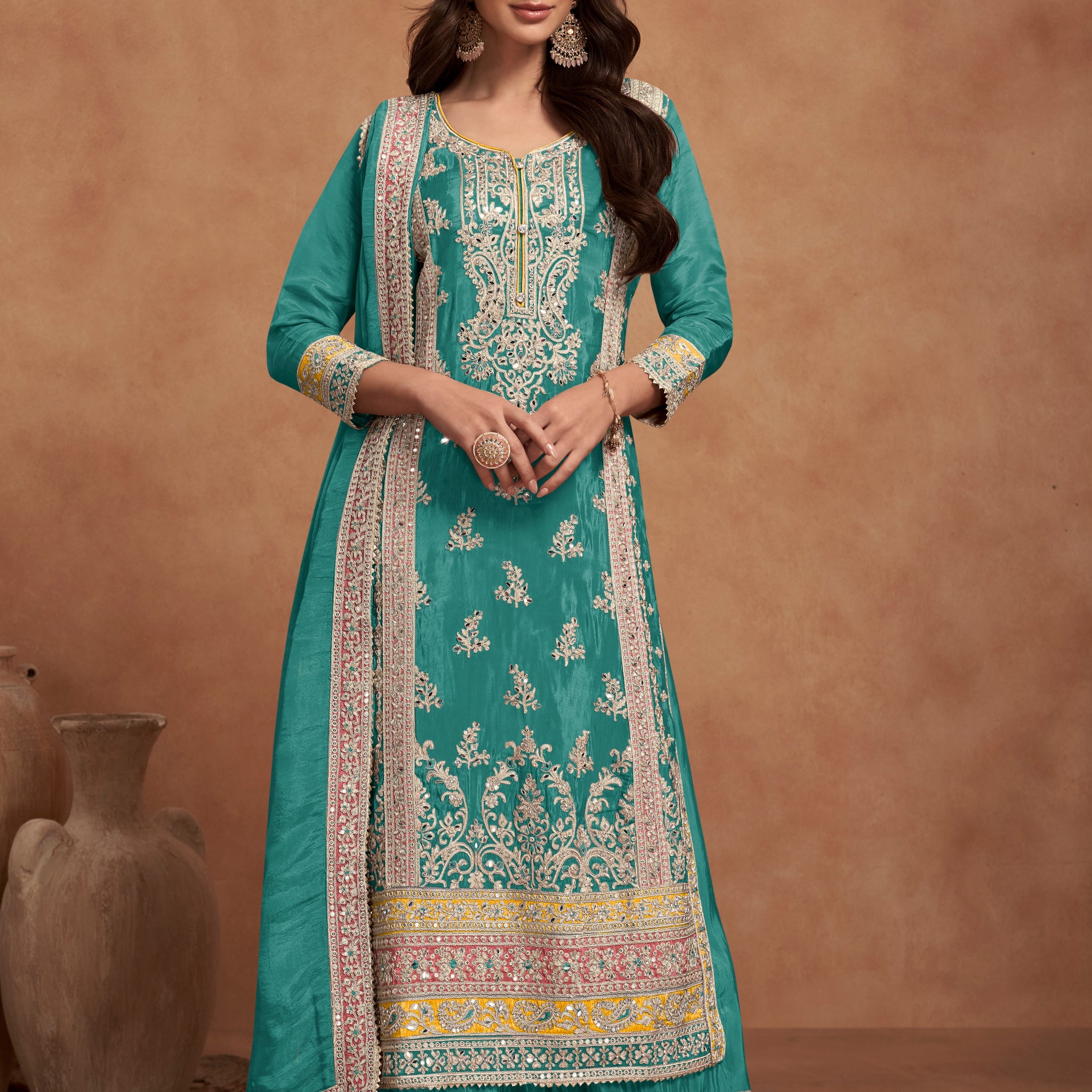 Teal Real Simar Silk Embroidered Palazzo Suit