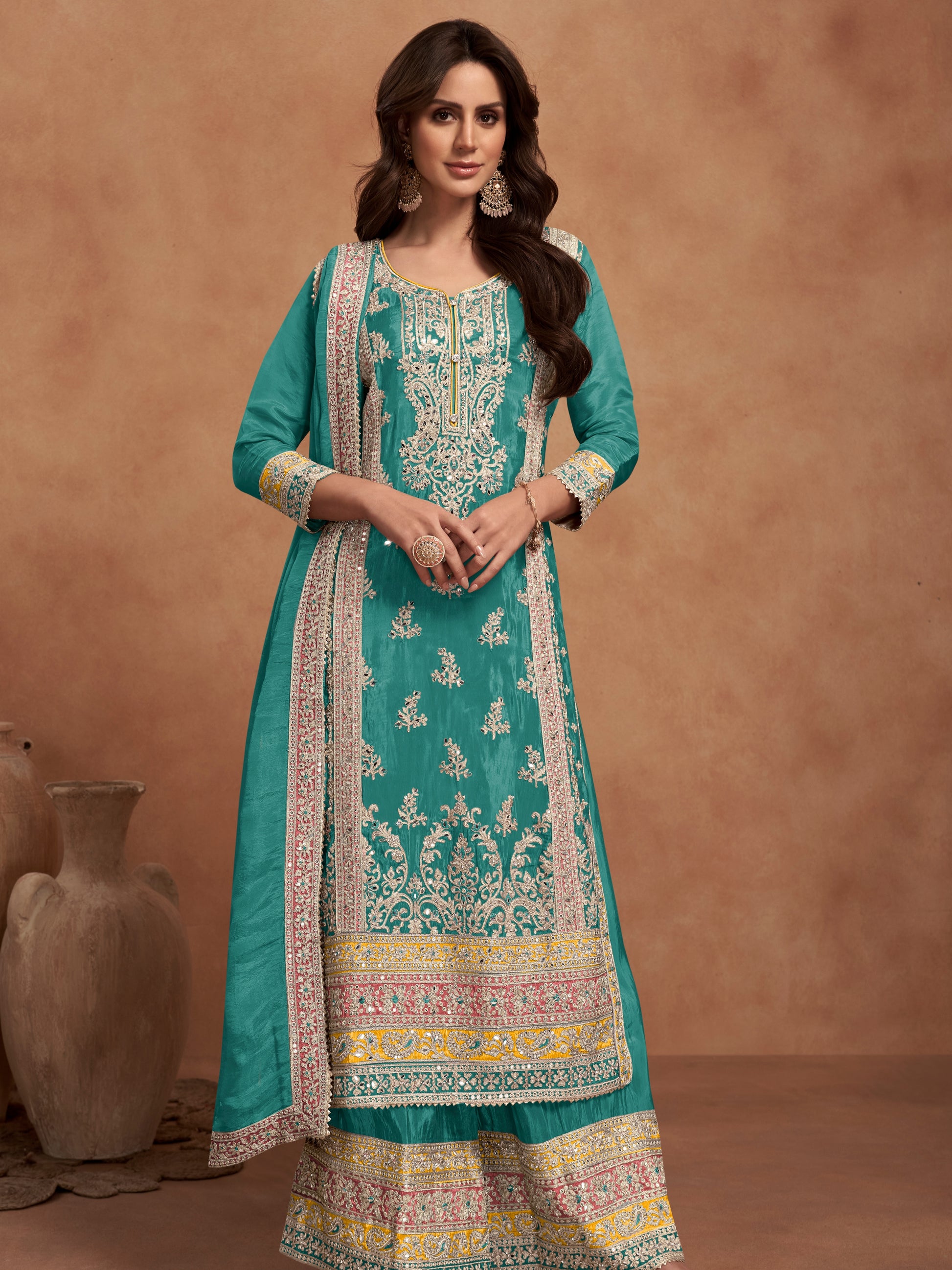 Teal Real Simar Silk Embroidered Palazzo Suit