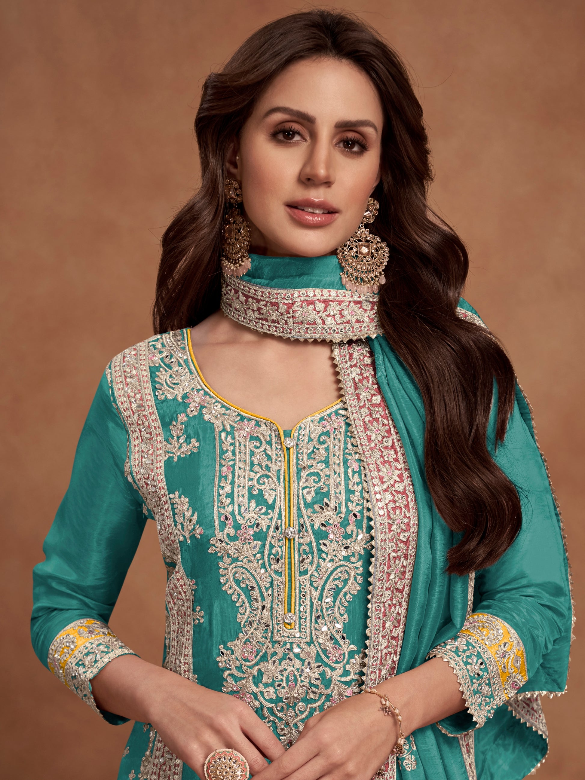 Teal Real Simar Silk Embroidered Palazzo Suit