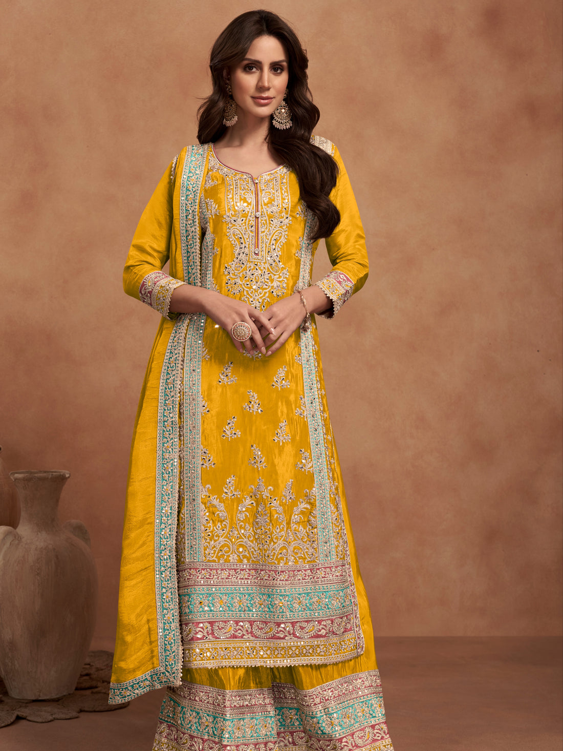 Mustard Yellow Real Simar Silk Palazzo Suit