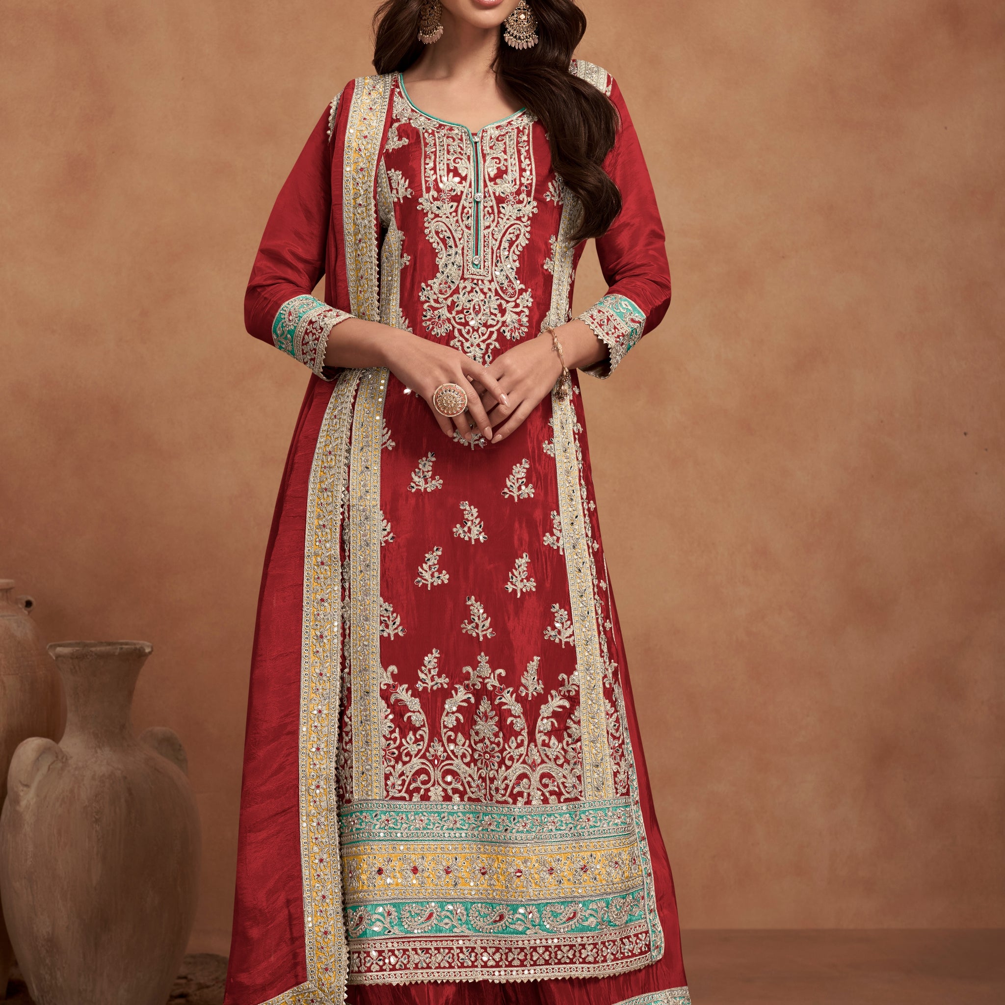 Maroon Real Simar Silk Embroidered Palazzo Suit