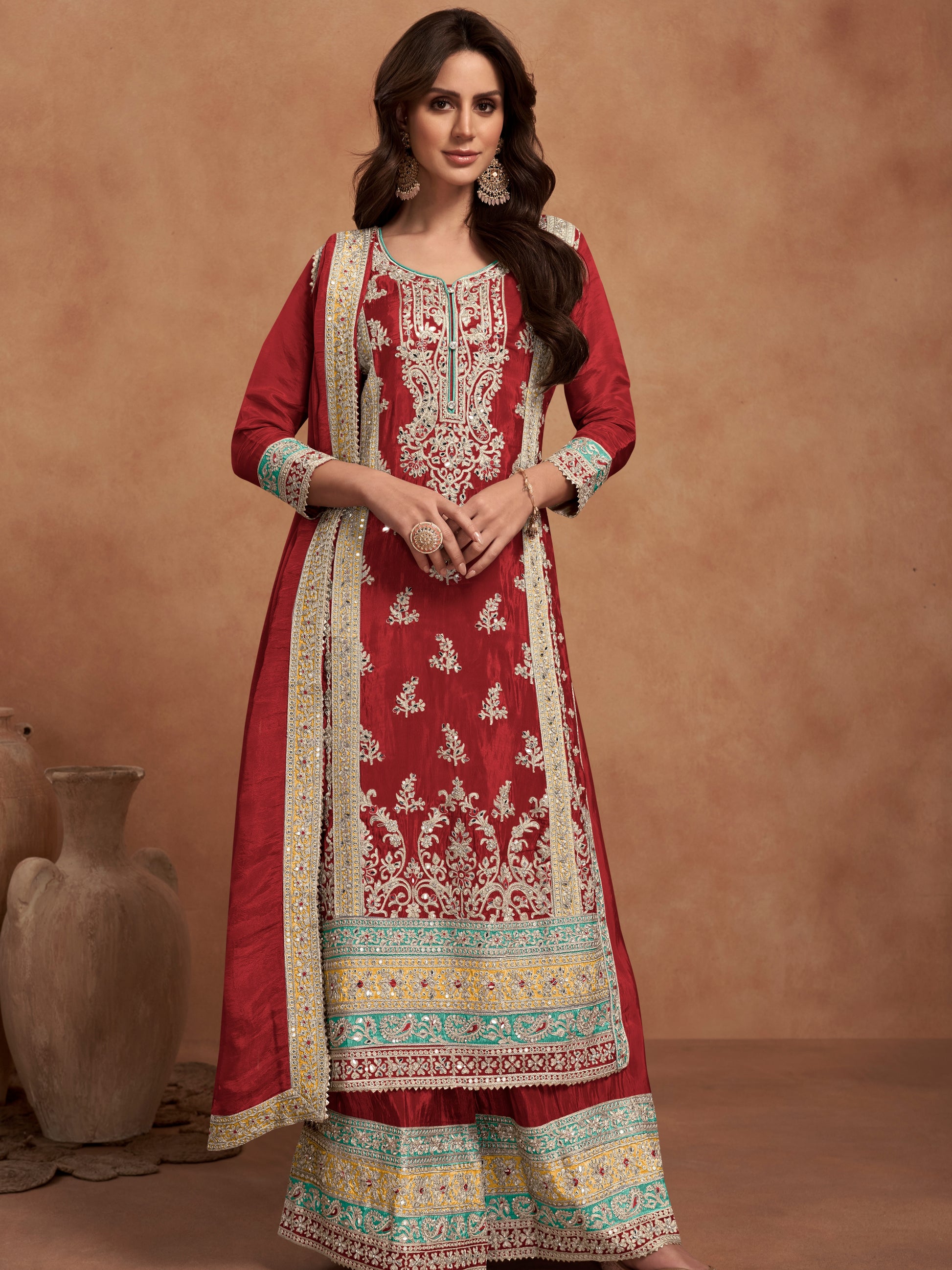 Maroon Real Simar Silk Embroidered Palazzo Suit