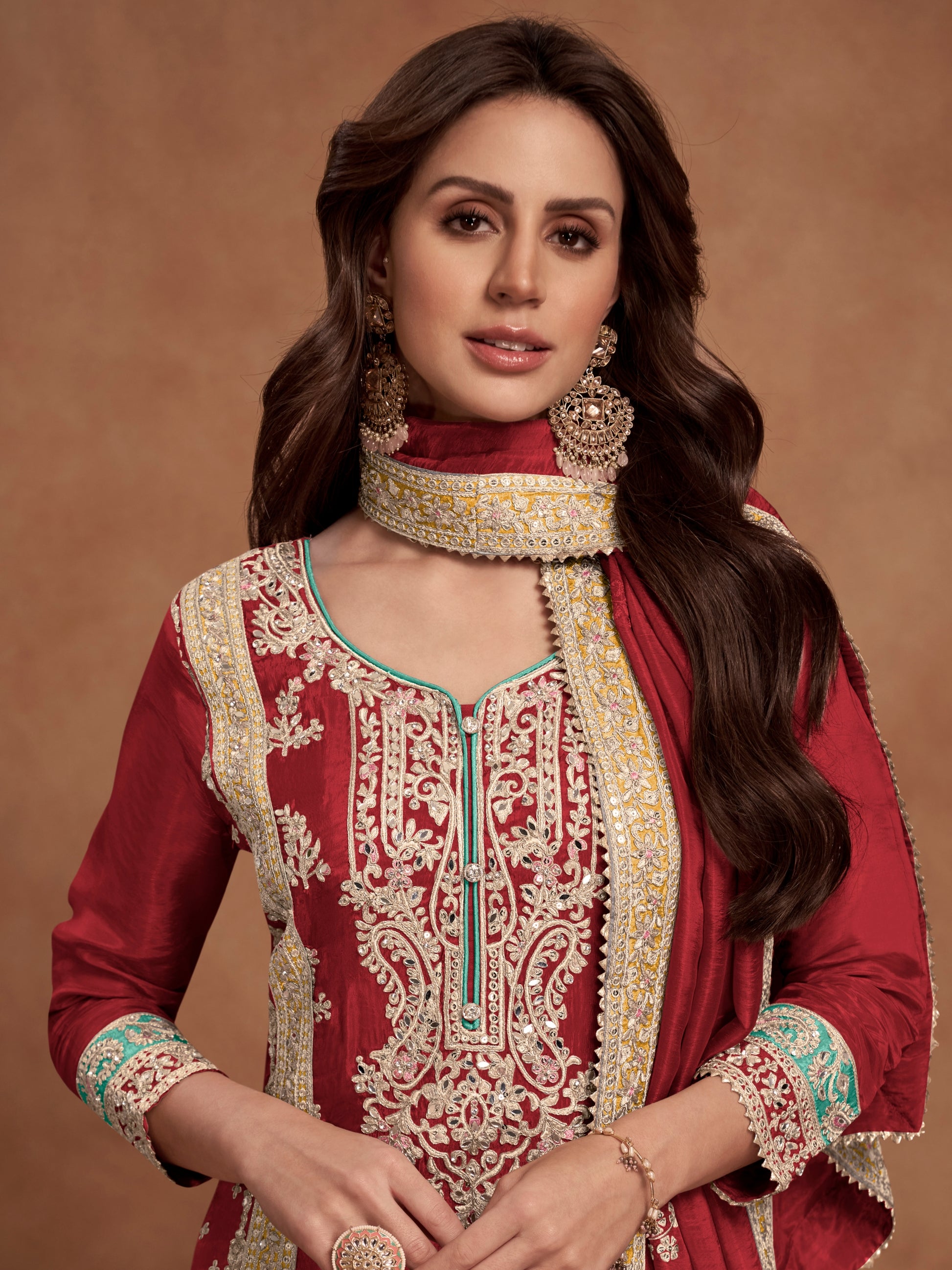 Maroon Real Simar Silk Embroidered Palazzo Suit