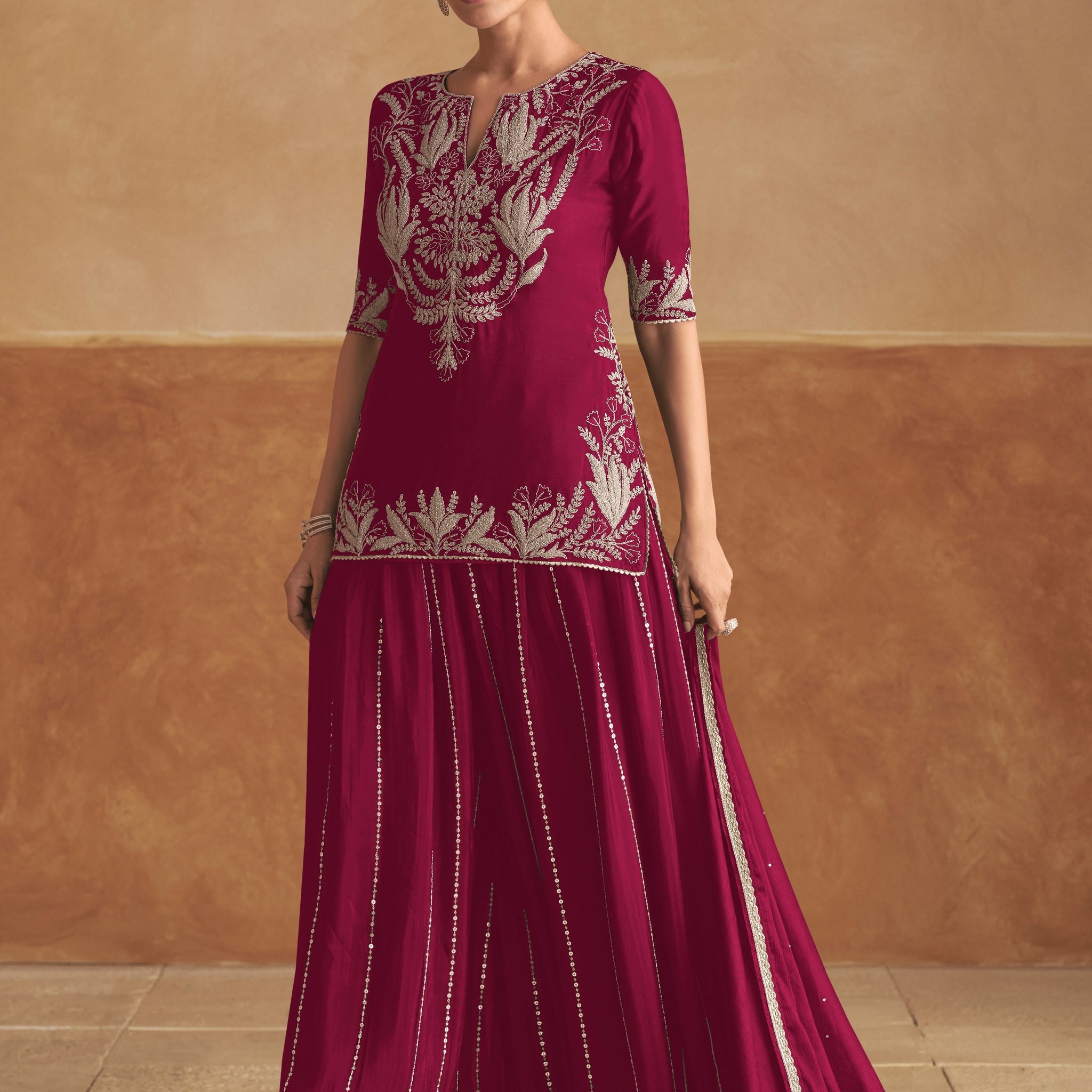 Maroon Real Chinon Palazzo Suit with Heavy Embroidery