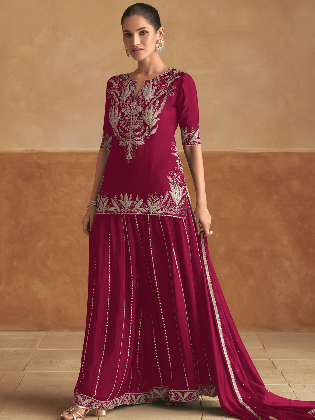 Maroon Real Chinon Palazzo Suit with Heavy Embroidery