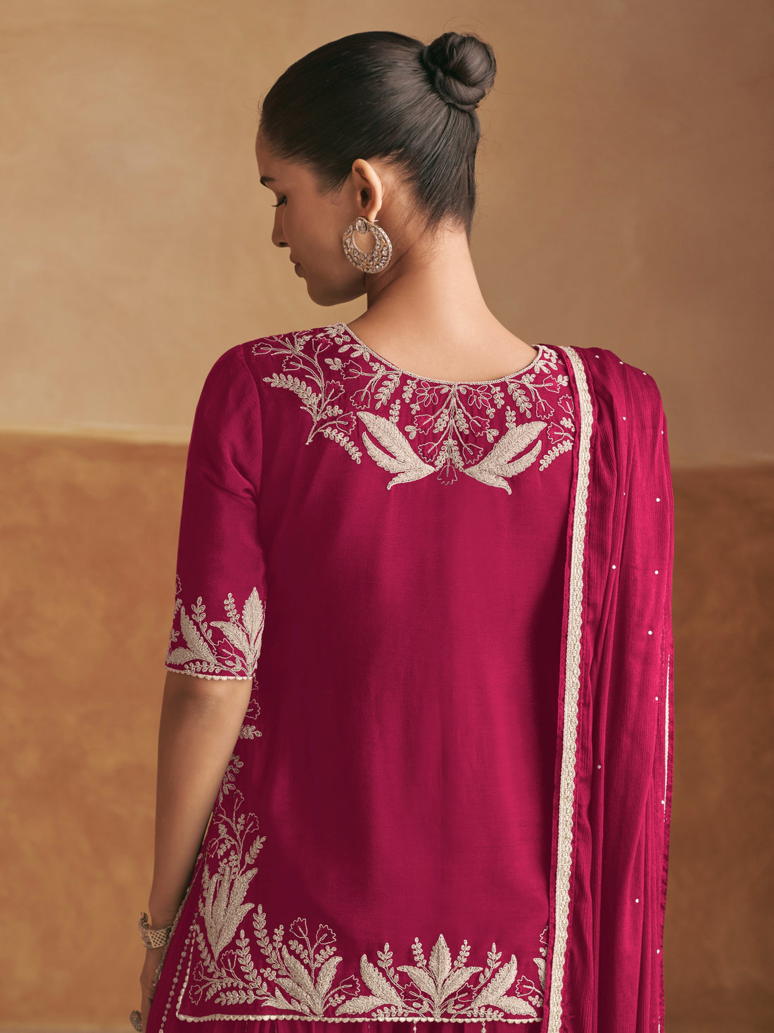 Maroon Real Chinon Palazzo Suit with Heavy Embroidery