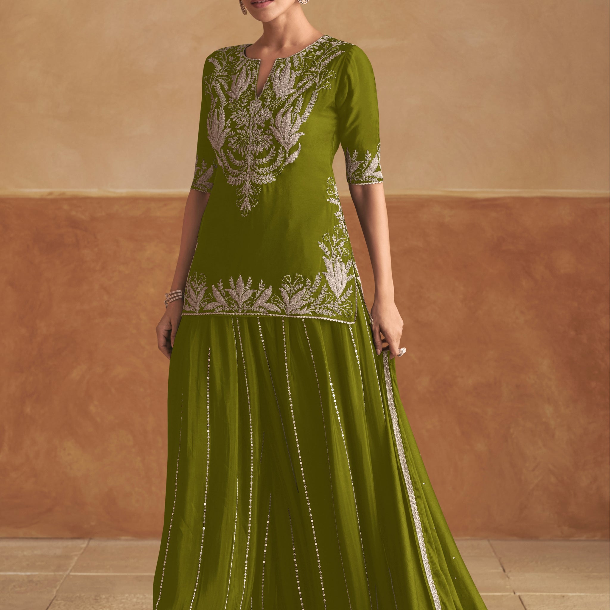 Olive Green Chinon Palazzo Suit with Front-Back Embroidery