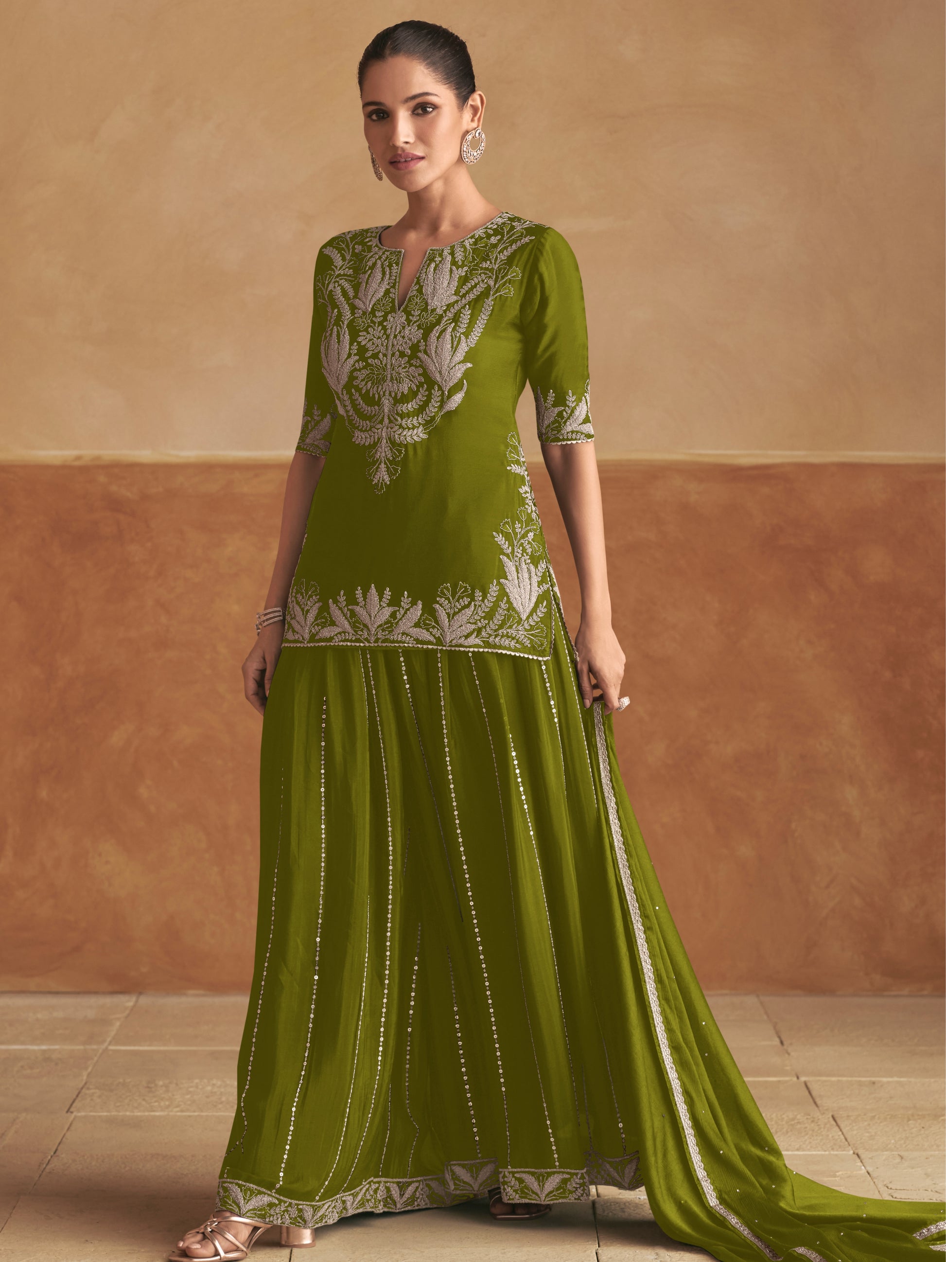 Olive Green Chinon Palazzo Suit with Front-Back Embroidery