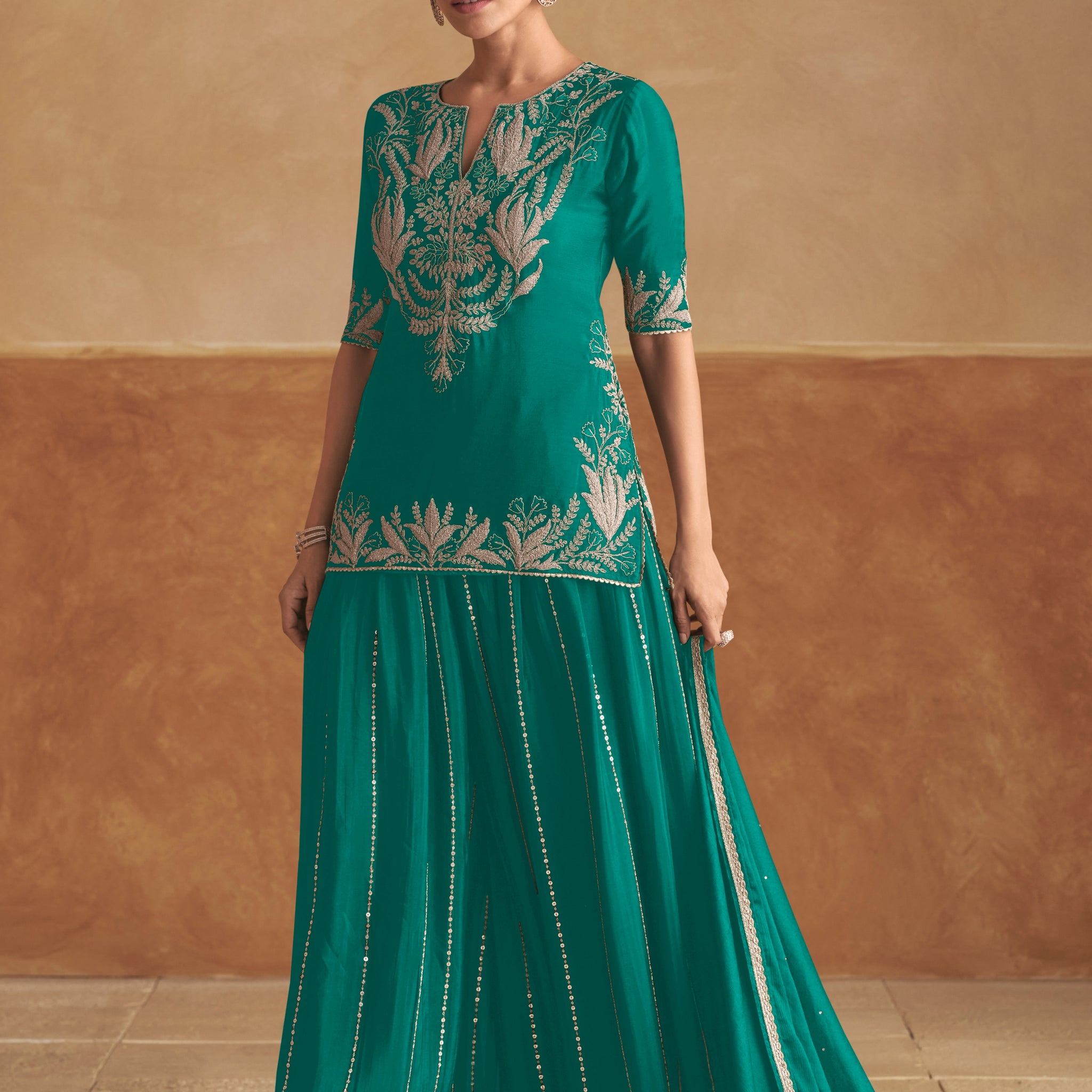 Teal Blue Heavy Embroidered Real Chinon Palazzo Suit