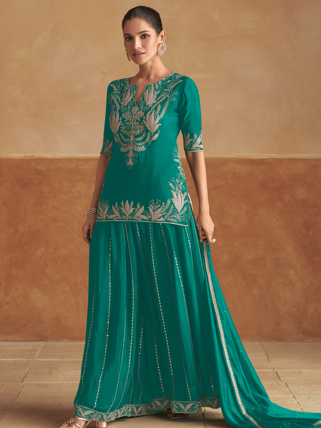 Teal Blue Heavy Embroidered Real Chinon Palazzo Suit