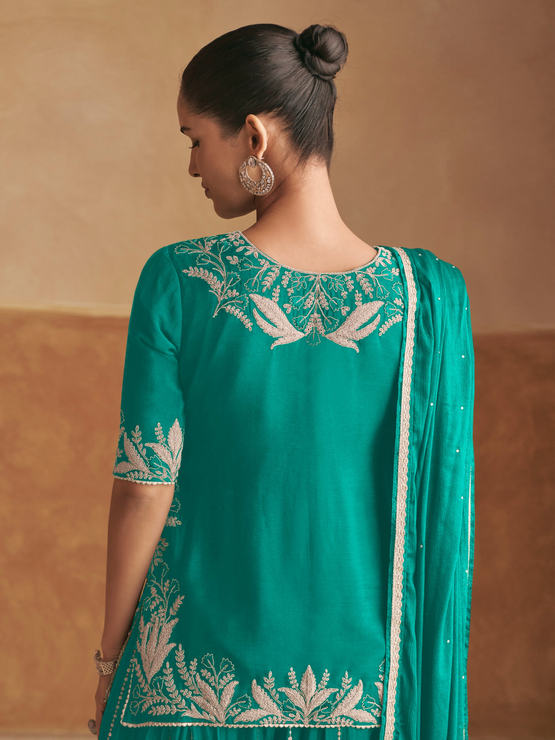 Teal Blue Heavy Embroidered Real Chinon Palazzo Suit