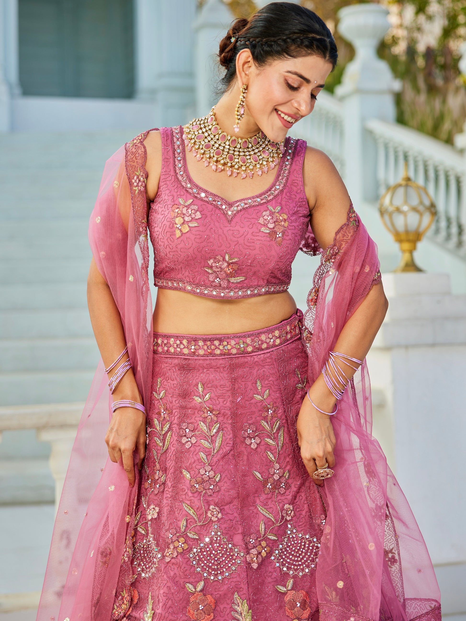 Pink Embroidered Net Lehenga with Sequins & Zarkan Work