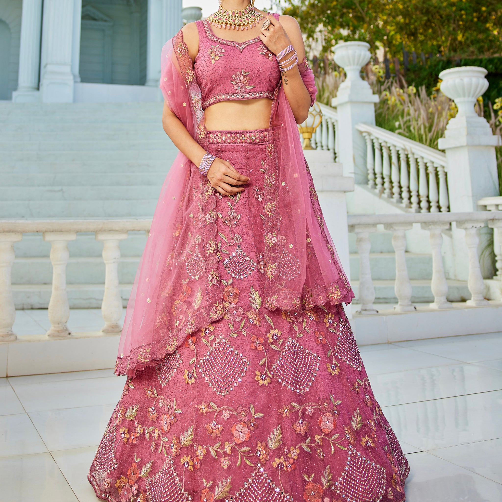 Pink Embroidered Net Lehenga with Sequins & Zarkan Work