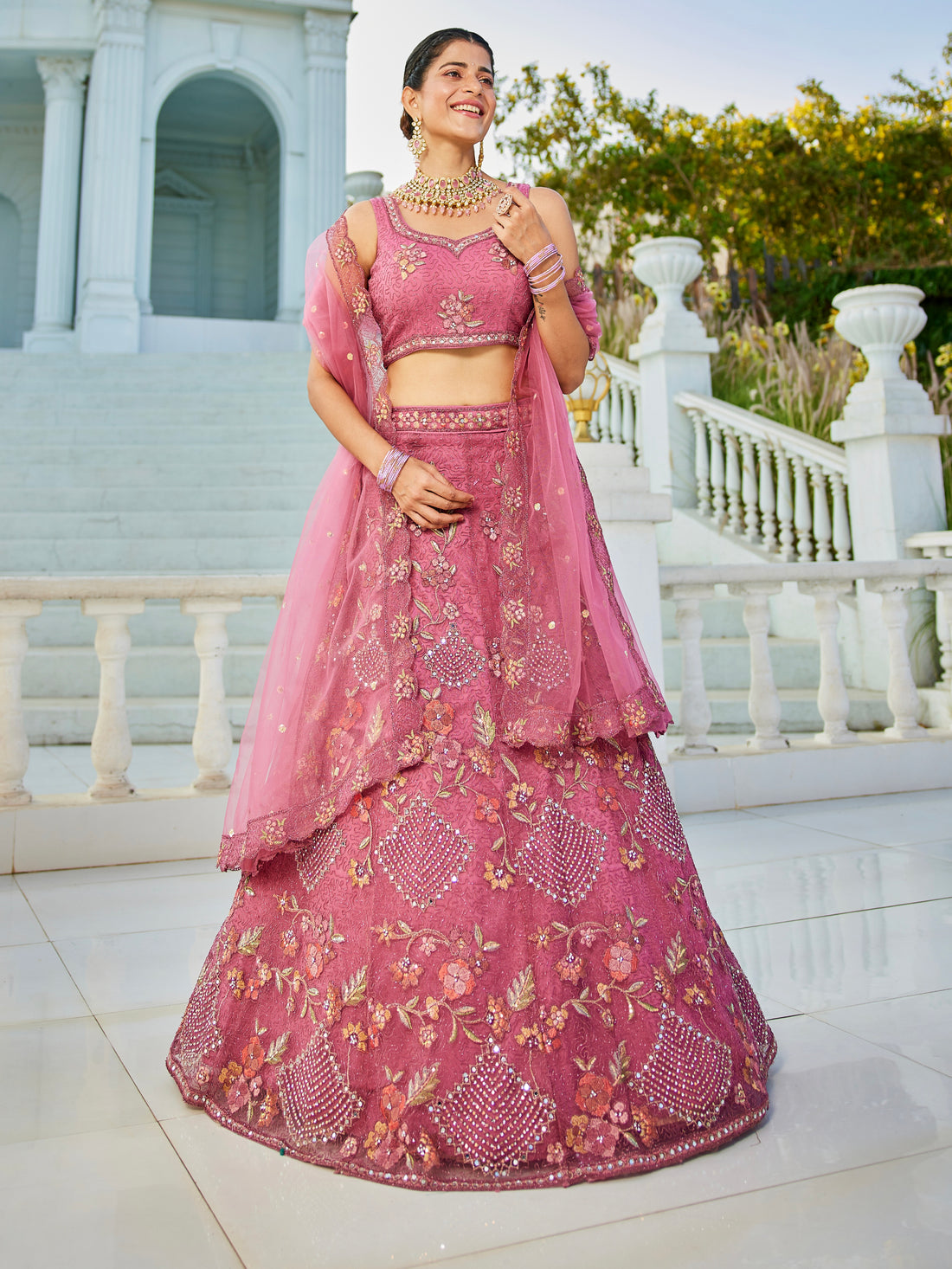 Pink Embroidered Net Lehenga with Sequins & Zarkan Work