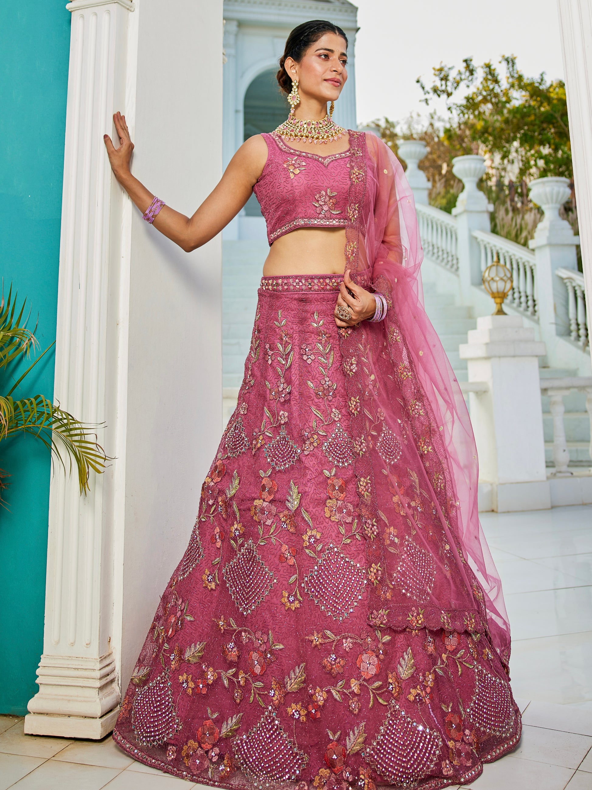 Pink Embroidered Net Lehenga with Sequins & Zarkan Work