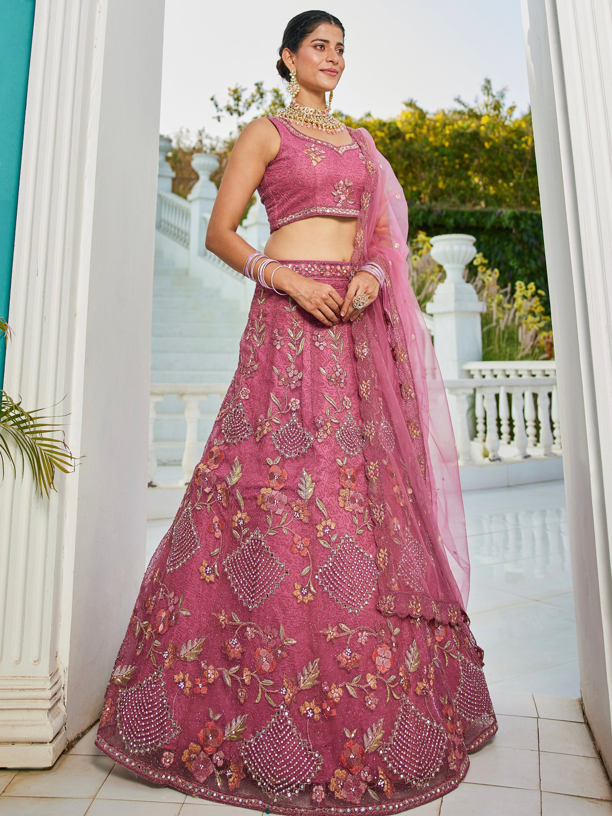 Pink Embroidered Net Lehenga with Sequins & Zarkan Work