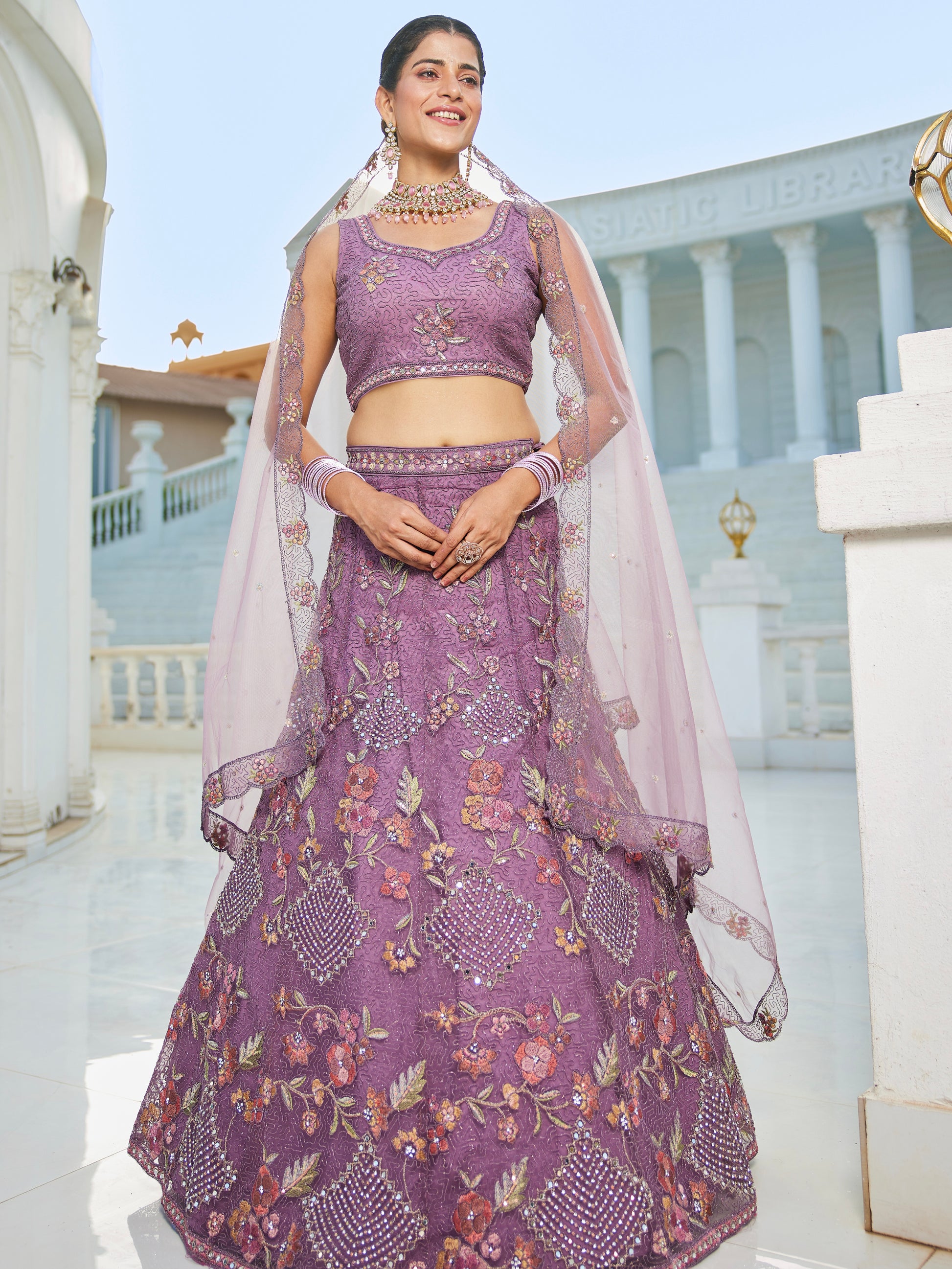 Purple Embroidered Net Lehenga with Sequins & Zarkan Work