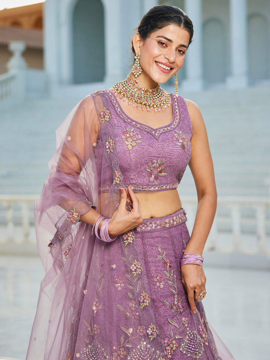 Purple Embroidered Net Lehenga with Sequins & Zarkan Work